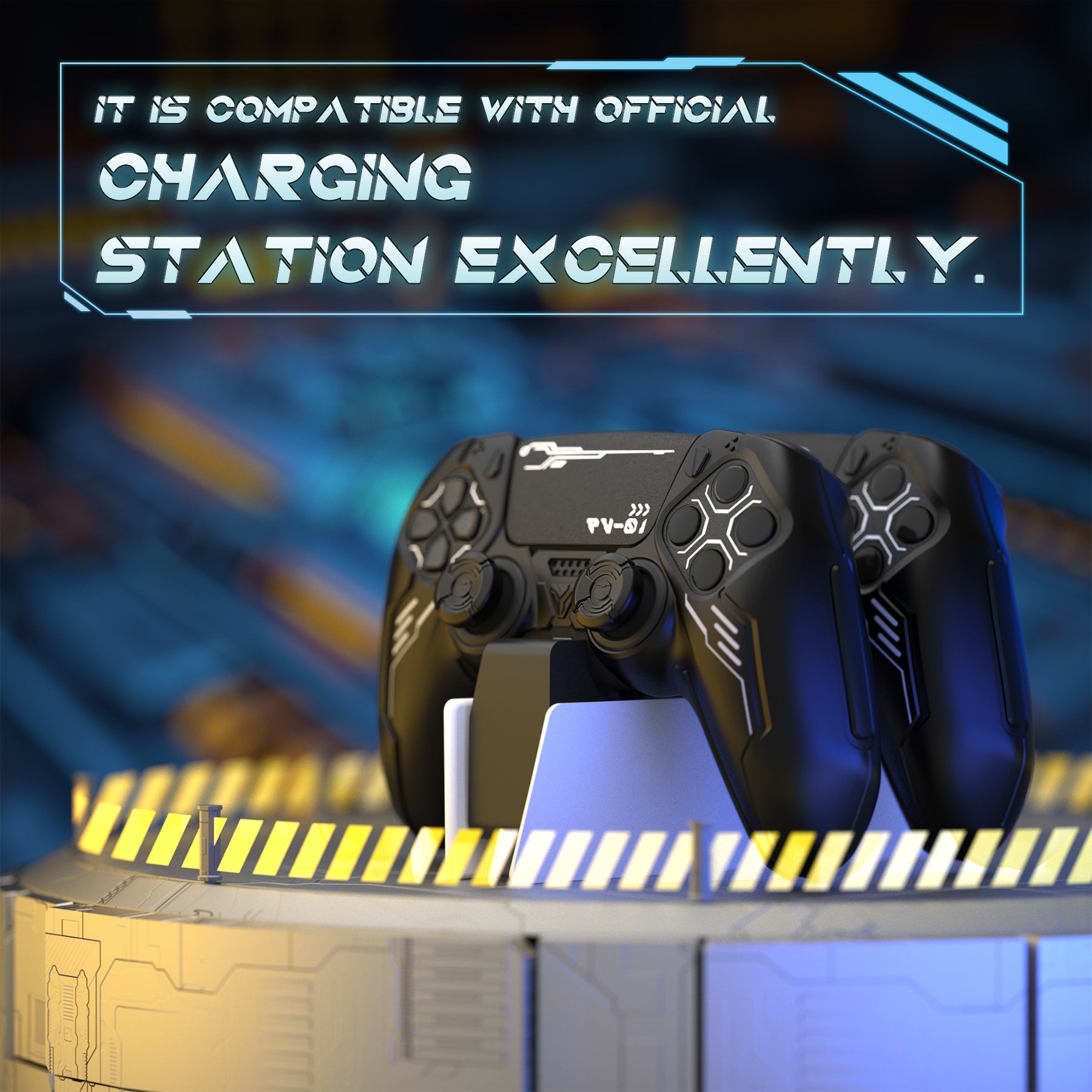 PlayVital Mecha Edition Anti-Slip Silicone Cover Skin with Matching Thumb Grips and Stickers for PS5 Wireless Controller -  Compatible with Charging Station - Black PlayVital