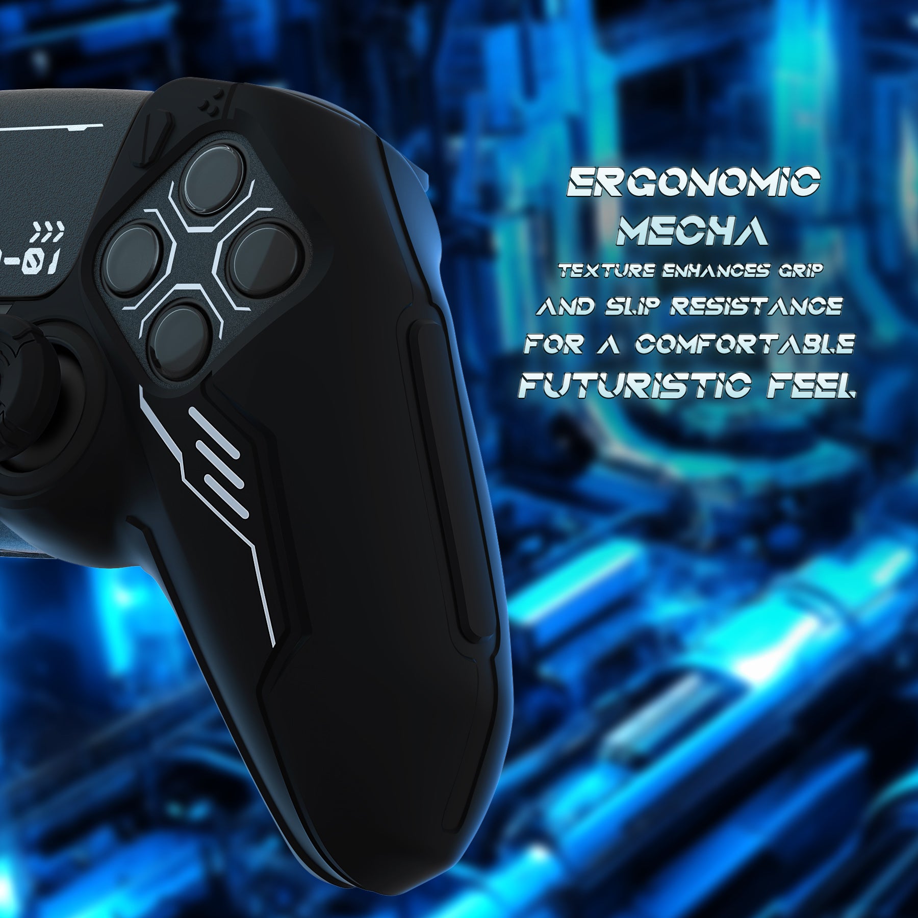 PlayVital Mecha Edition Anti-Slip Silicone Cover Skin with Matching Thumb Grips and Stickers for PS5 Wireless Controller -  Compatible with Charging Station - Black PlayVital