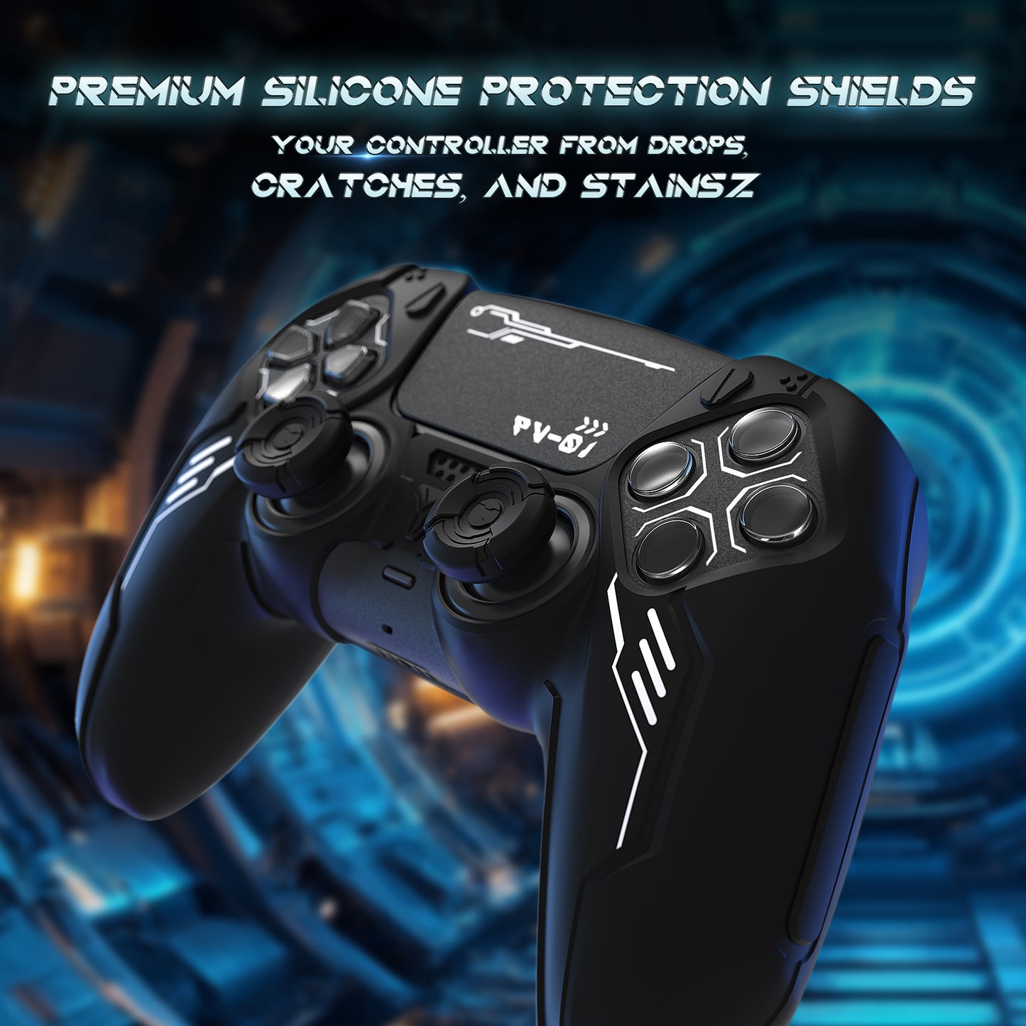 PlayVital Mecha Edition Anti-Slip Silicone Cover Skin with Matching Thumb Grips and Stickers for PS5 Wireless Controller -  Compatible with Charging Station - Black PlayVital