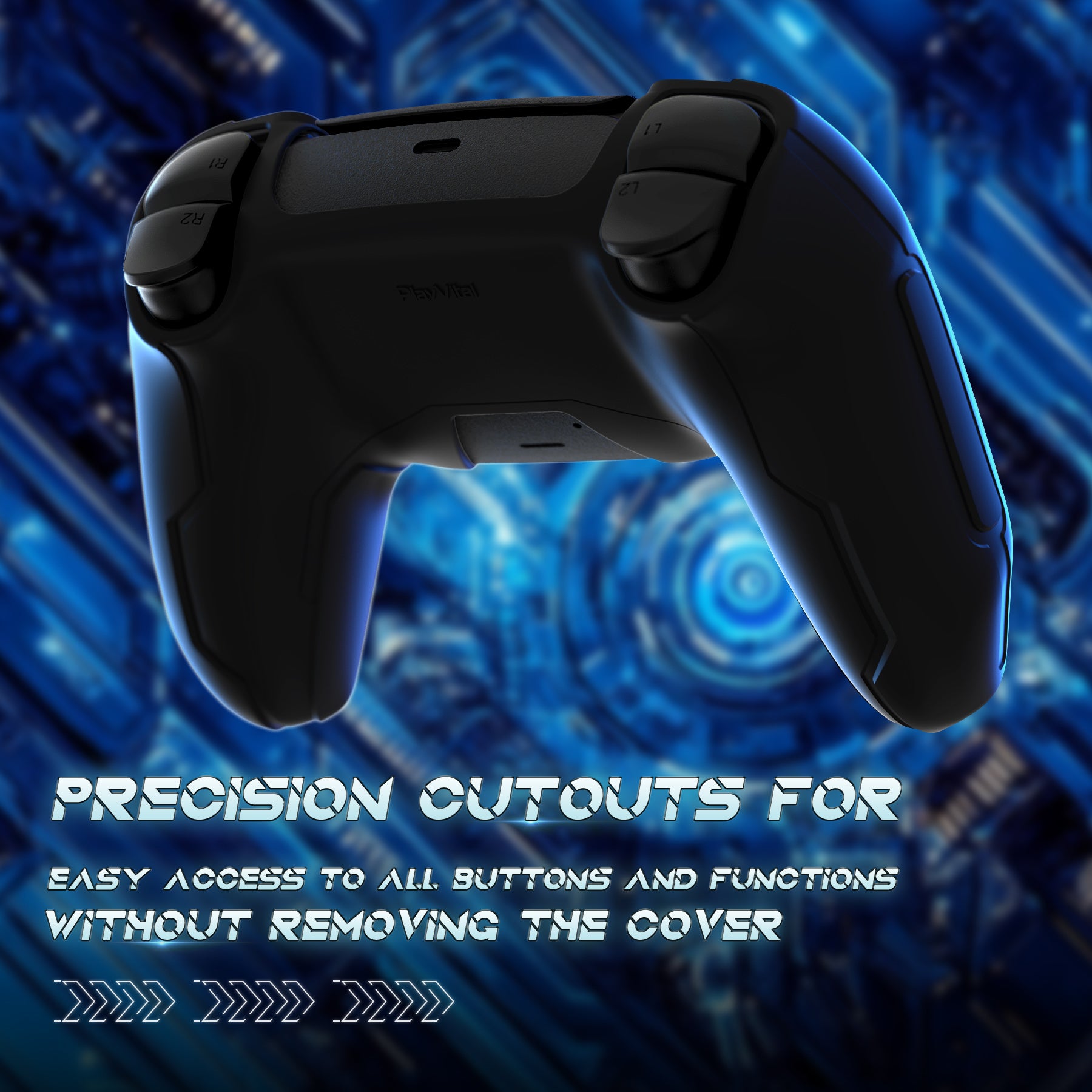 PlayVital Mecha Edition Anti-Slip Silicone Cover Skin with Matching Thumb Grips and Stickers for PS5 Wireless Controller -  Compatible with Charging Station - Black PlayVital