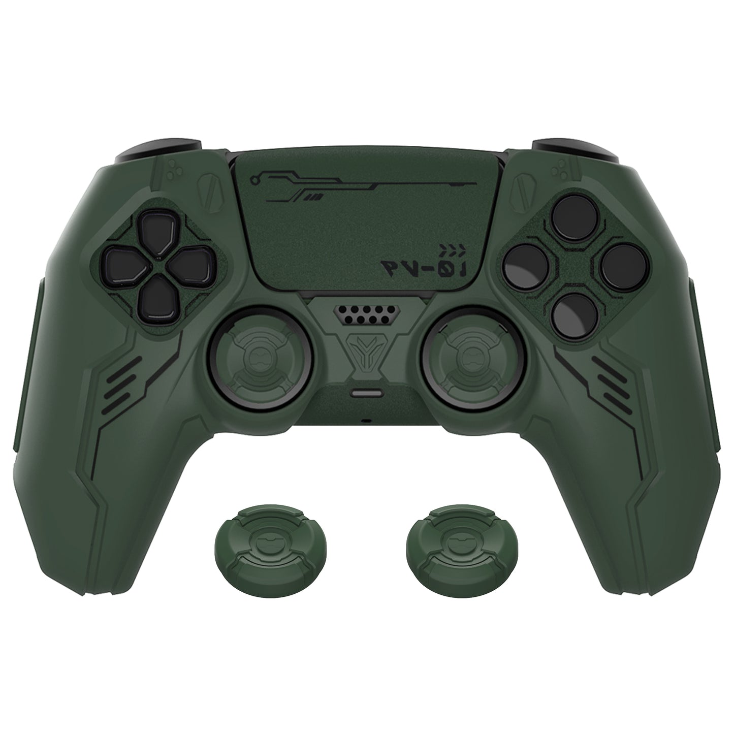 PlayVital Mecha Edition Anti-Slip Silicone Cover Skin with Matching Thumb Grips and Stickers for PS5 Wireless Controller - Compatible with Charging Station - Jungle Green PlayVital