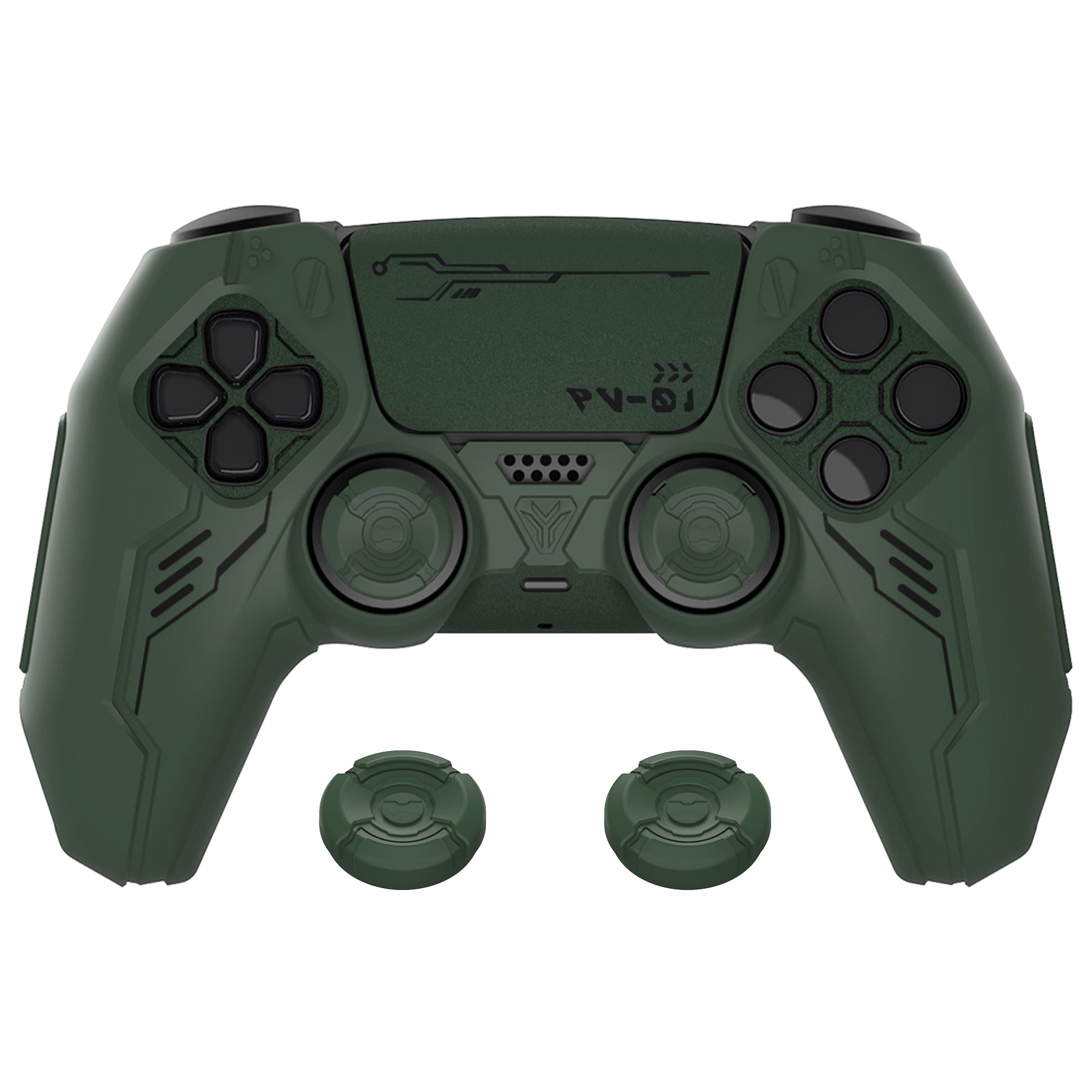 PlayVital Mecha Edition Anti-Slip Silicone Cover Skin with Matching Thumb Grips and Stickers for PS5 Wireless Controller - Compatible with Charging Station - Jungle Green PlayVital