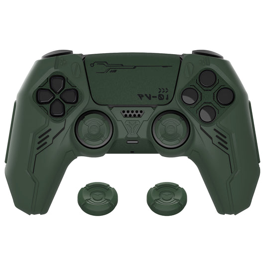 PlayVital Mecha Edition Anti-Slip Silicone Cover Skin with Matching Thumb Grips and Stickers for PS5 Wireless Controller - Compatible with Charging Station - Jungle Green PlayVital