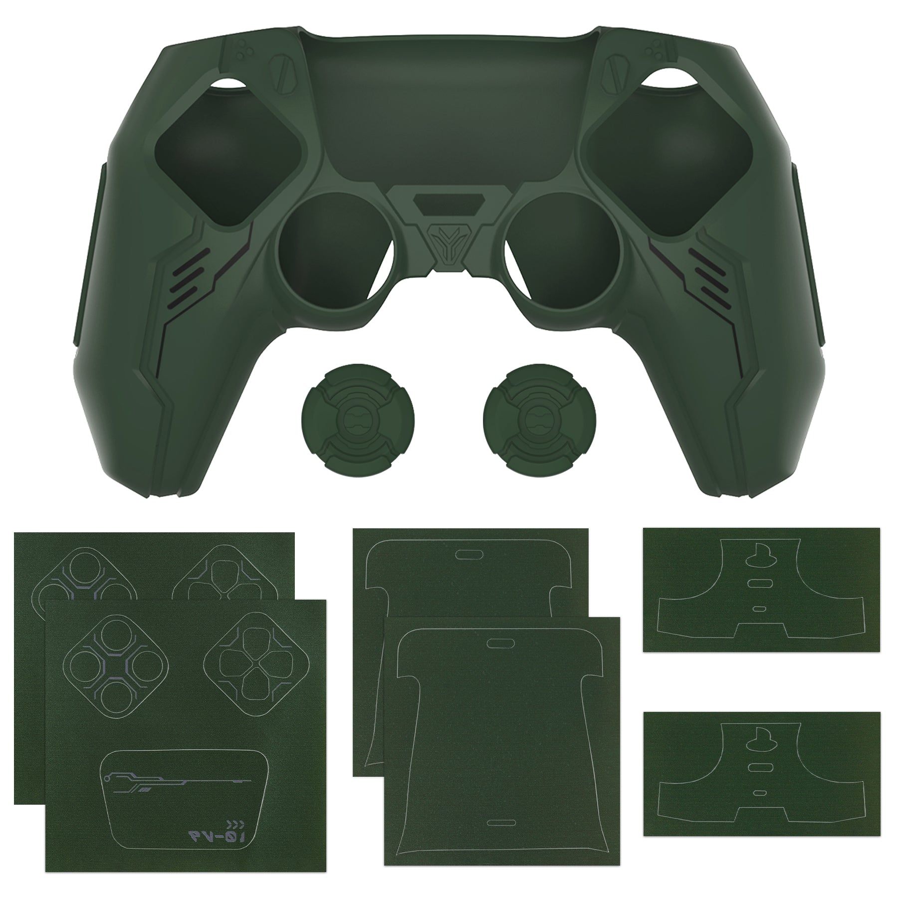 PlayVital Mecha Edition Anti-Slip Silicone Cover Skin with Matching Thumb Grips and Stickers for PS5 Wireless Controller - Compatible with Charging Station - Jungle Green PlayVital