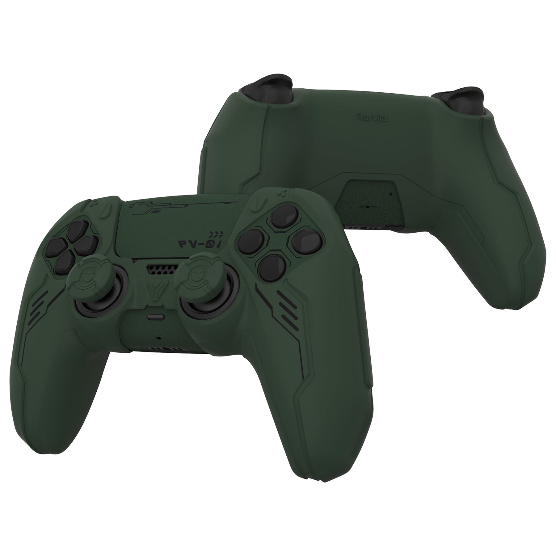 PlayVital Mecha Edition Anti-Slip Silicone Cover Skin with Matching Thumb Grips and Stickers for PS5 Wireless Controller - Compatible with Charging Station - Jungle Green PlayVital