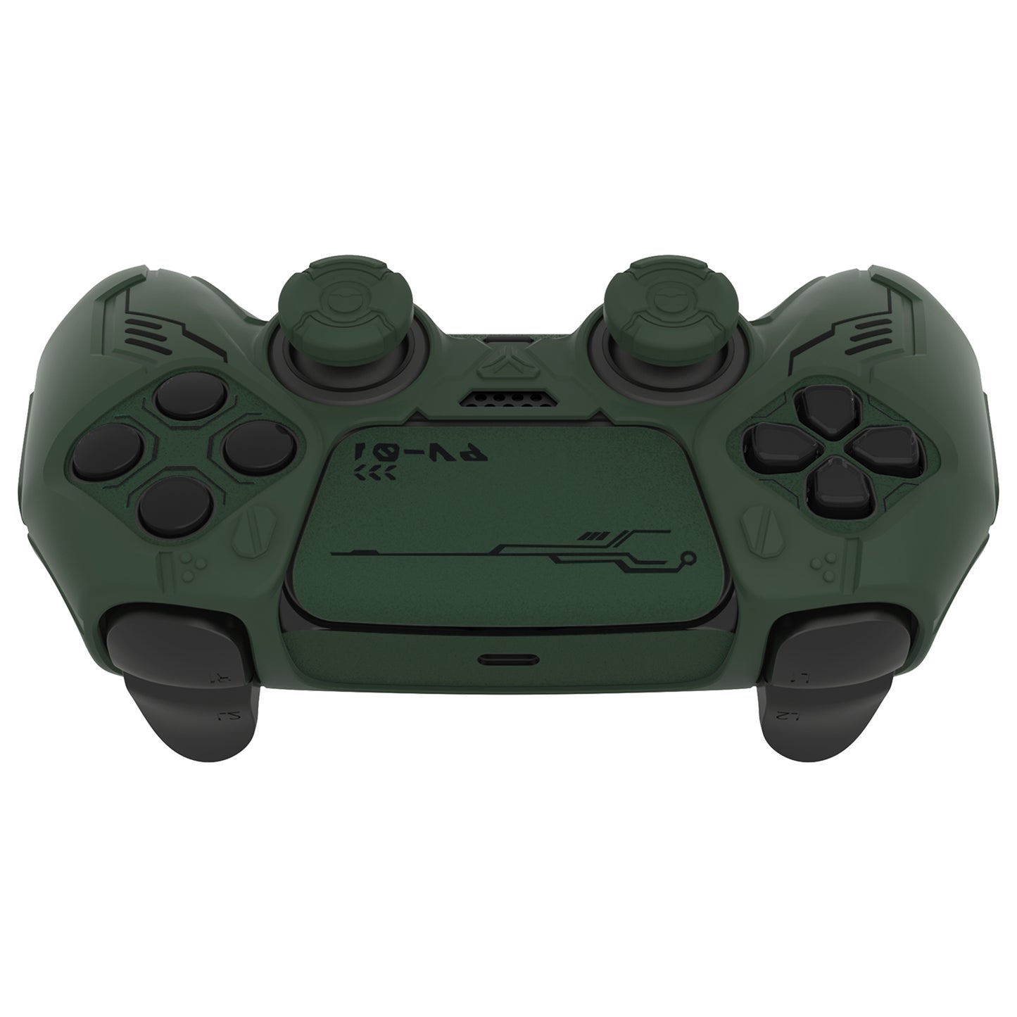 PlayVital Mecha Edition Anti-Slip Silicone Cover Skin with Matching Thumb Grips and Stickers for PS5 Wireless Controller - Compatible with Charging Station - Jungle Green PlayVital