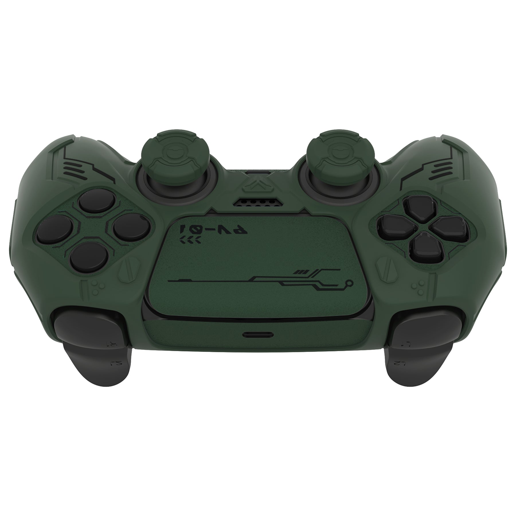 PlayVital Mecha Edition Anti-Slip Silicone Cover Skin with Matching Thumb Grips and Stickers for PS5 Wireless Controller - Compatible with Charging Station - Jungle Green PlayVital