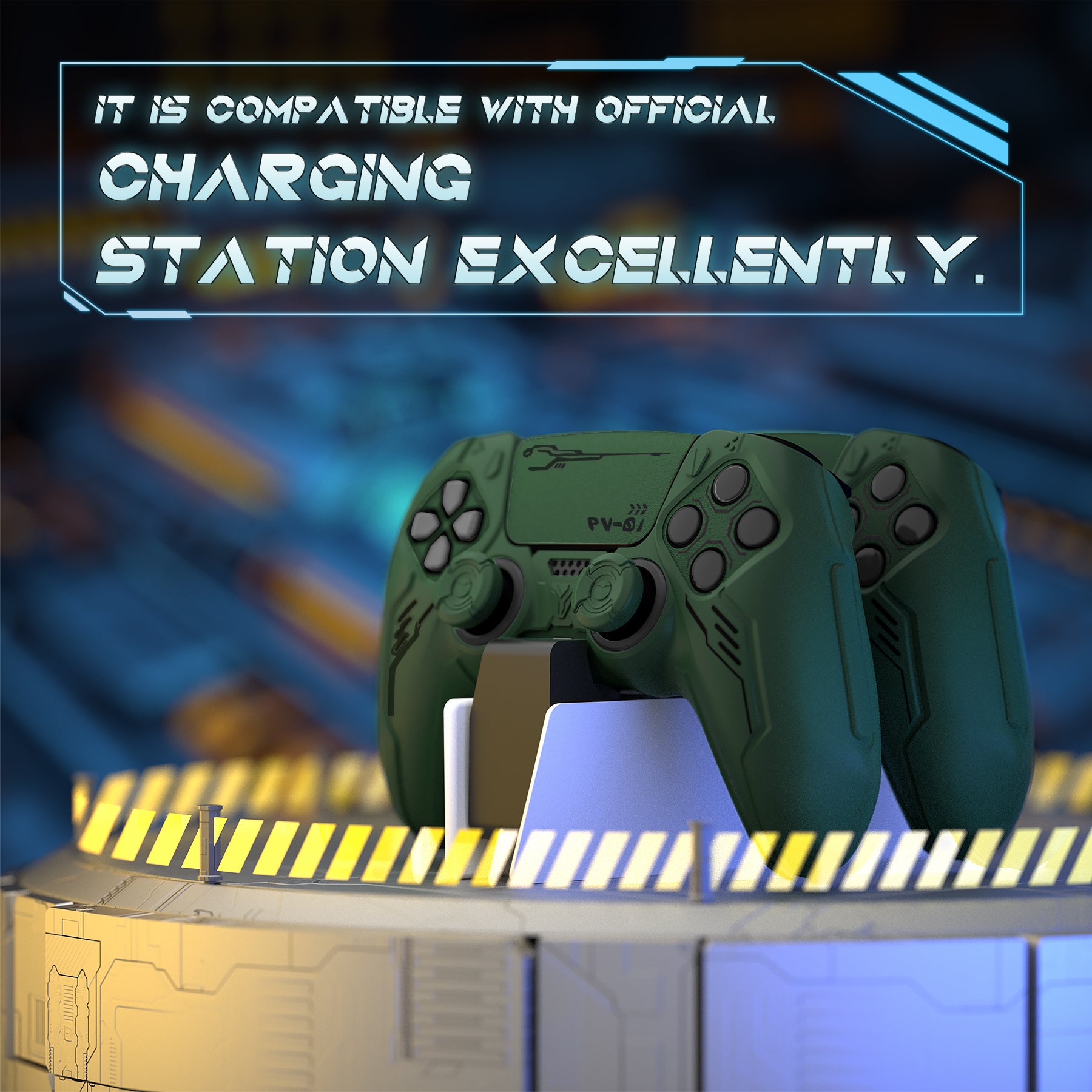 PlayVital Mecha Edition Anti-Slip Silicone Cover Skin with Matching Thumb Grips and Stickers for PS5 Wireless Controller - Compatible with Charging Station - Jungle Green PlayVital
