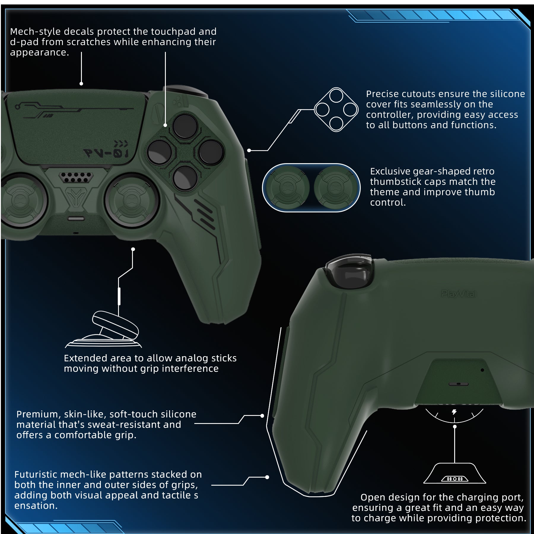 PlayVital Mecha Edition Anti-Slip Silicone Cover Skin with Matching Thumb Grips and Stickers for PS5 Wireless Controller - Compatible with Charging Station - Jungle Green PlayVital