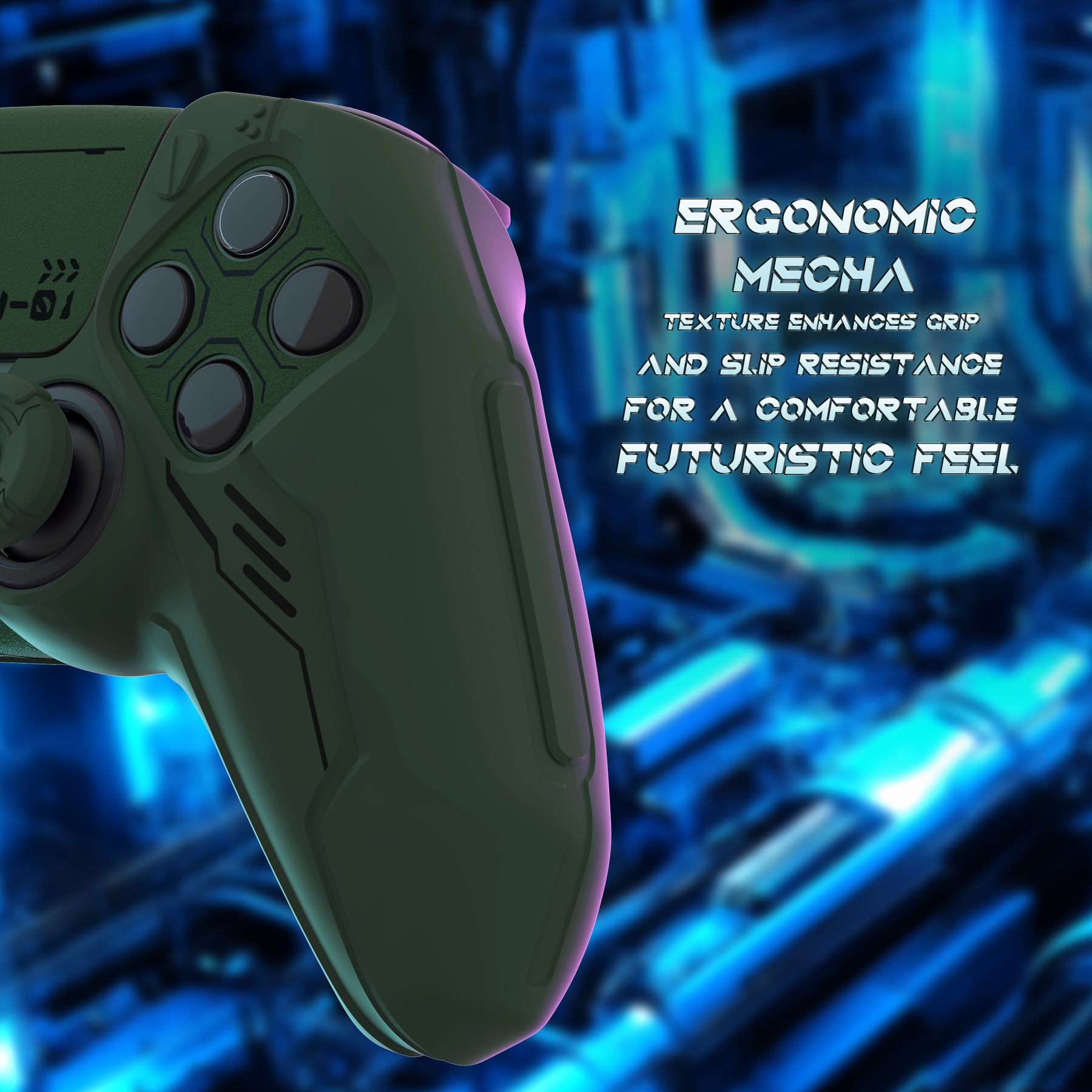 PlayVital Mecha Edition Anti-Slip Silicone Cover Skin with Matching Thumb Grips and Stickers for PS5 Wireless Controller - Compatible with Charging Station - Jungle Green PlayVital