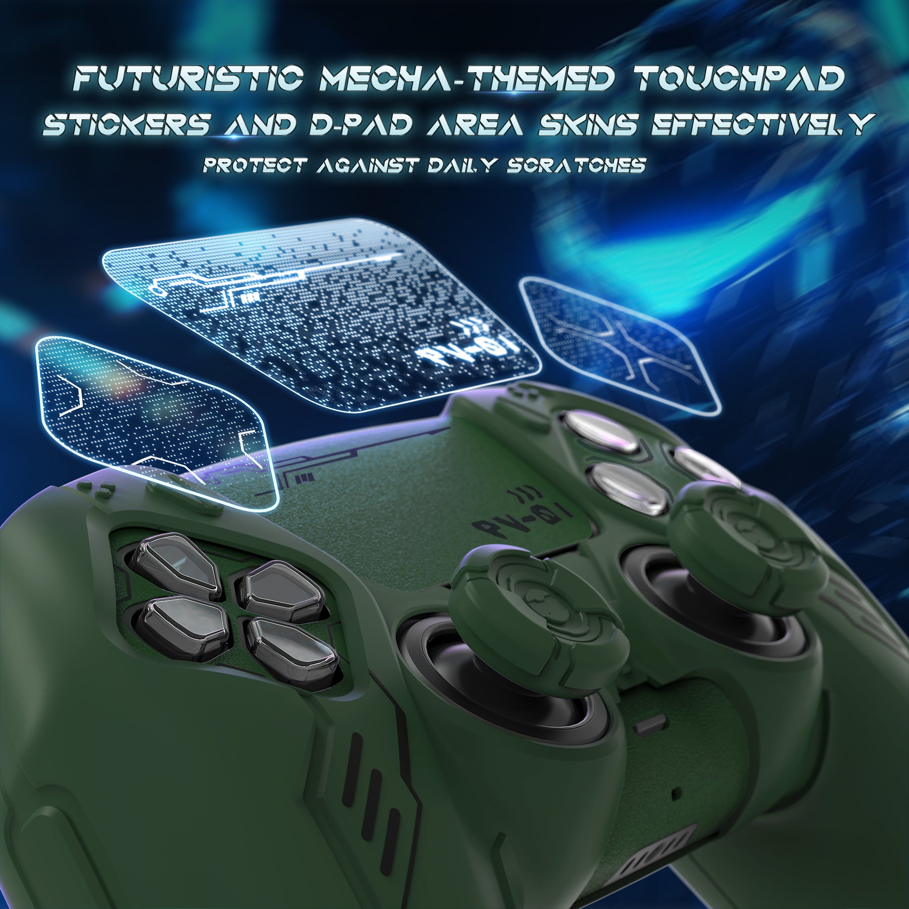 PlayVital Mecha Edition Anti-Slip Silicone Cover Skin with Matching Thumb Grips and Stickers for PS5 Wireless Controller - Compatible with Charging Station - Jungle Green PlayVital