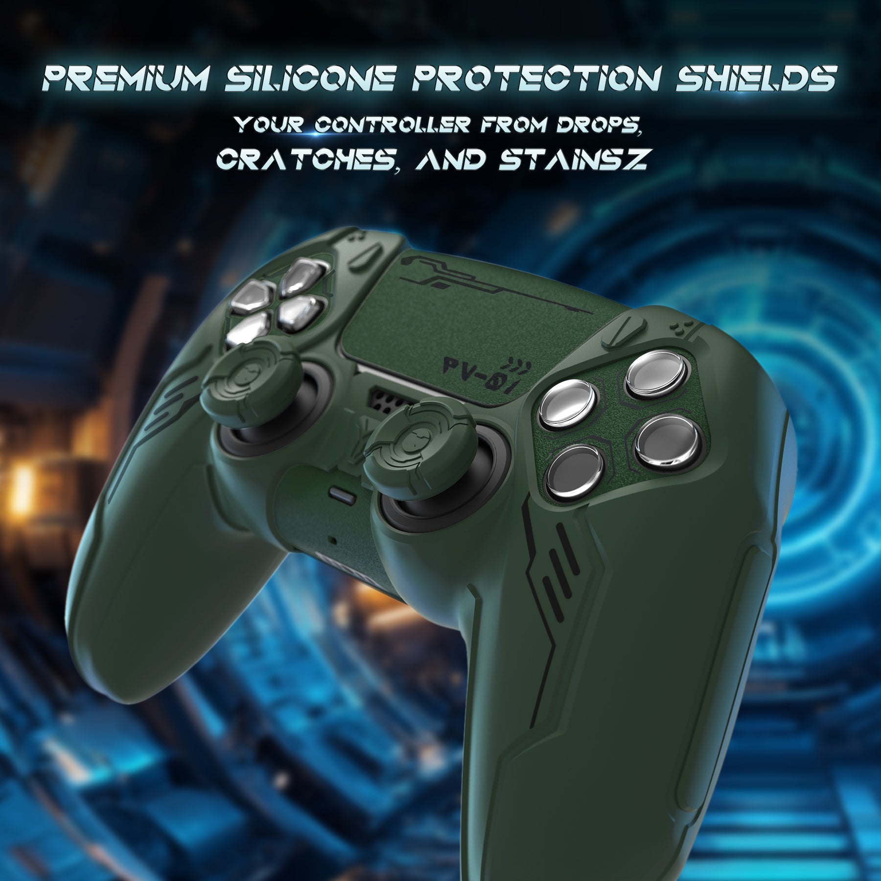 PlayVital Mecha Edition Anti-Slip Silicone Cover Skin with Matching Thumb Grips and Stickers for PS5 Wireless Controller - Compatible with Charging Station - Jungle Green PlayVital