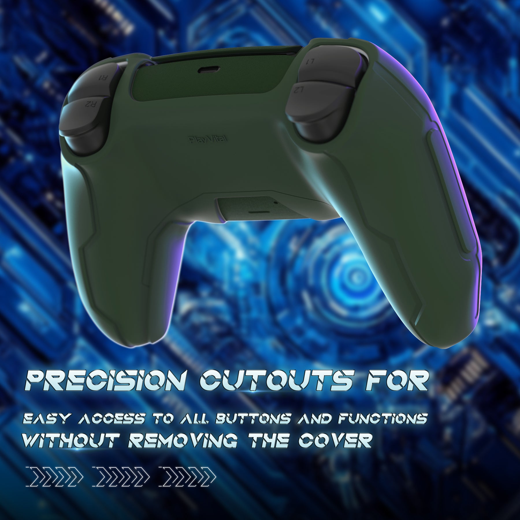 PlayVital Mecha Edition Anti-Slip Silicone Cover Skin with Matching Thumb Grips and Stickers for PS5 Wireless Controller - Compatible with Charging Station - Jungle Green PlayVital