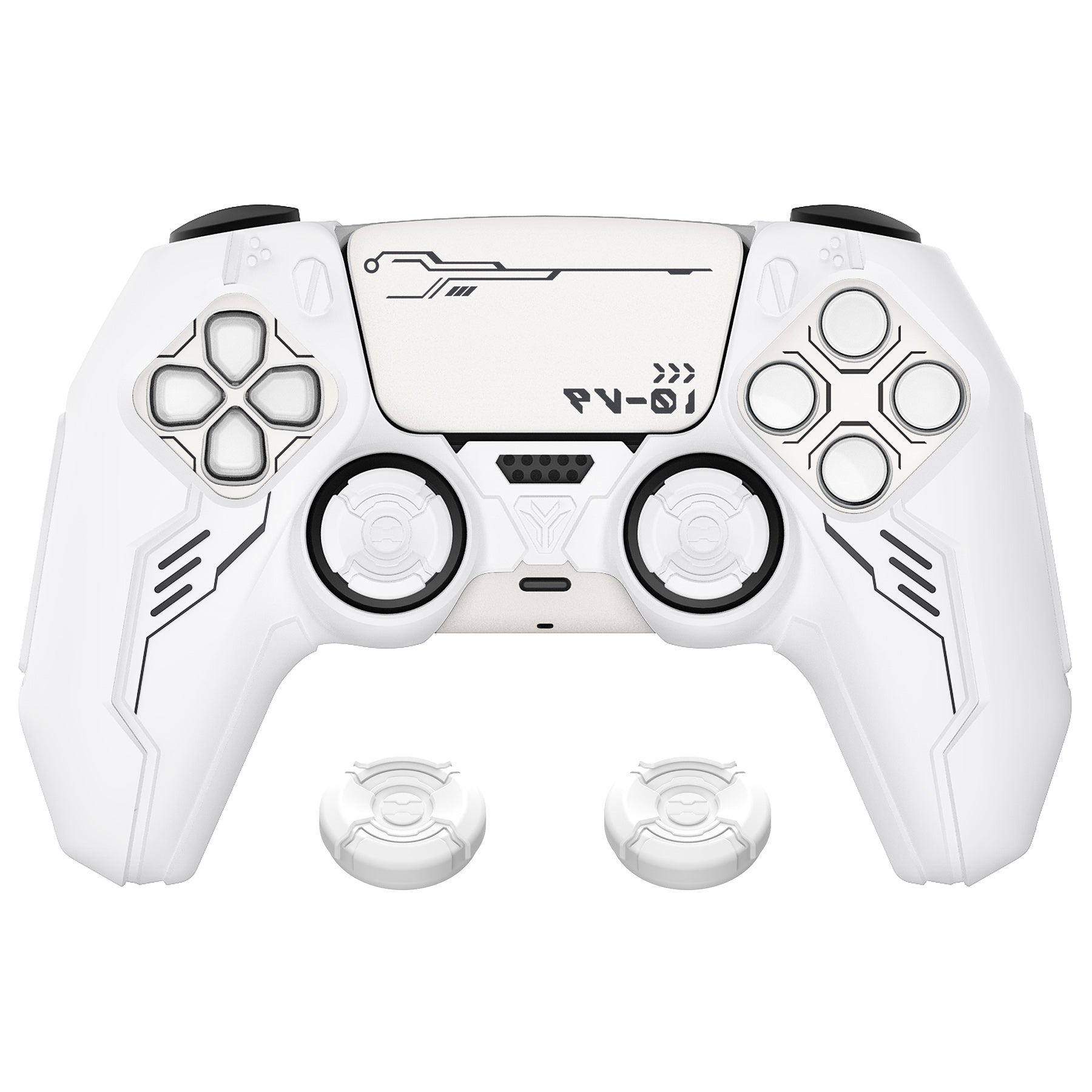 PlayVital Mecha Edition Anti-Slip Silicone Cover Skin with Matching Thumb Grips and Stickers for PS5 Wireless Controller - Compatible with Charging Station - White PlayVital