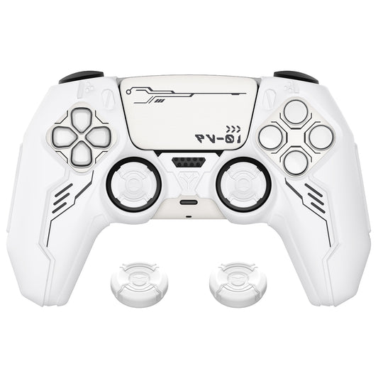 PlayVital Mecha Edition Anti-Slip Silicone Cover Skin with Matching Thumb Grips and Stickers for PS5 Wireless Controller - Compatible with Charging Station - White PlayVital