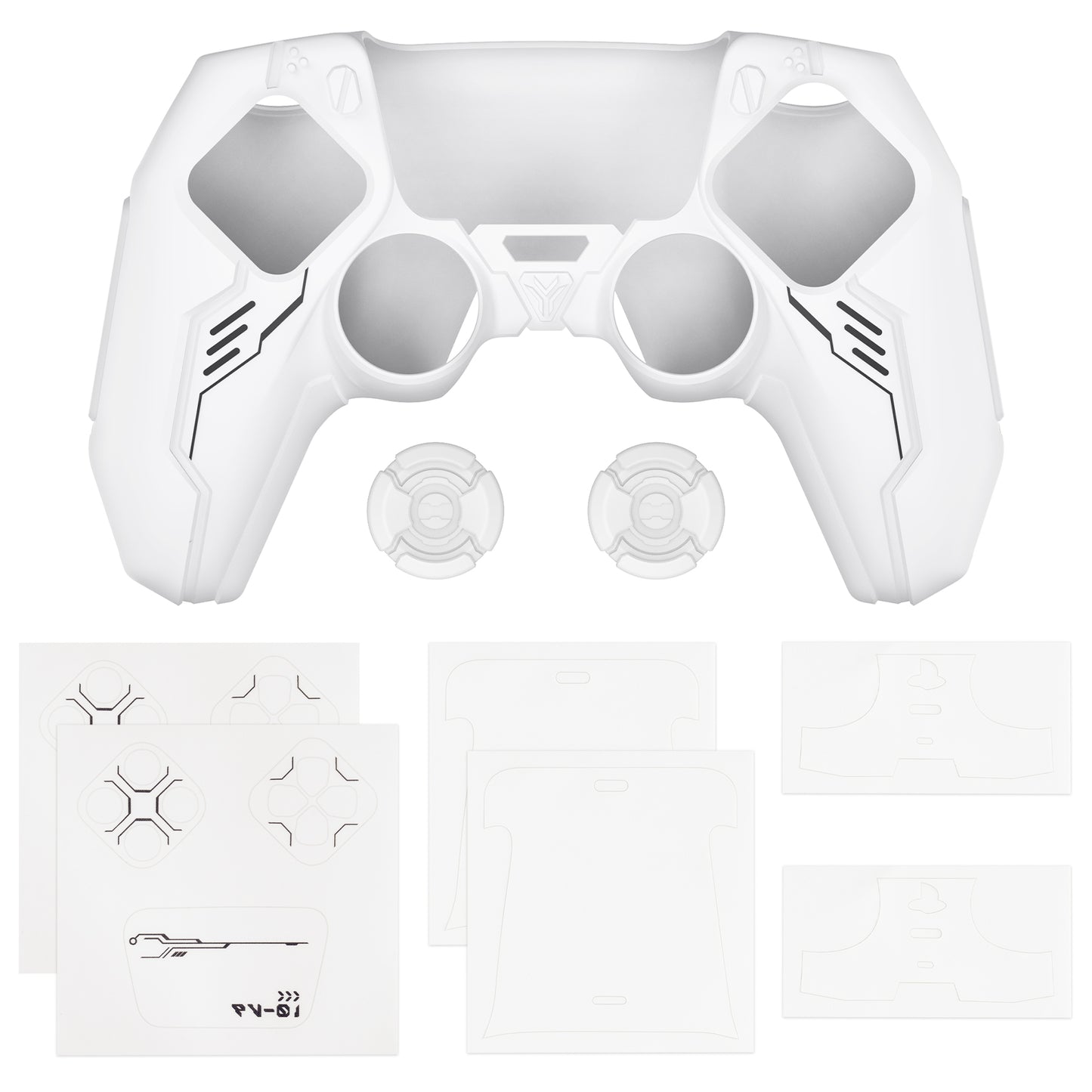 PlayVital Mecha Edition Anti-Slip Silicone Cover Skin with Matching Thumb Grips and Stickers for PS5 Wireless Controller - Compatible with Charging Station - White PlayVital
