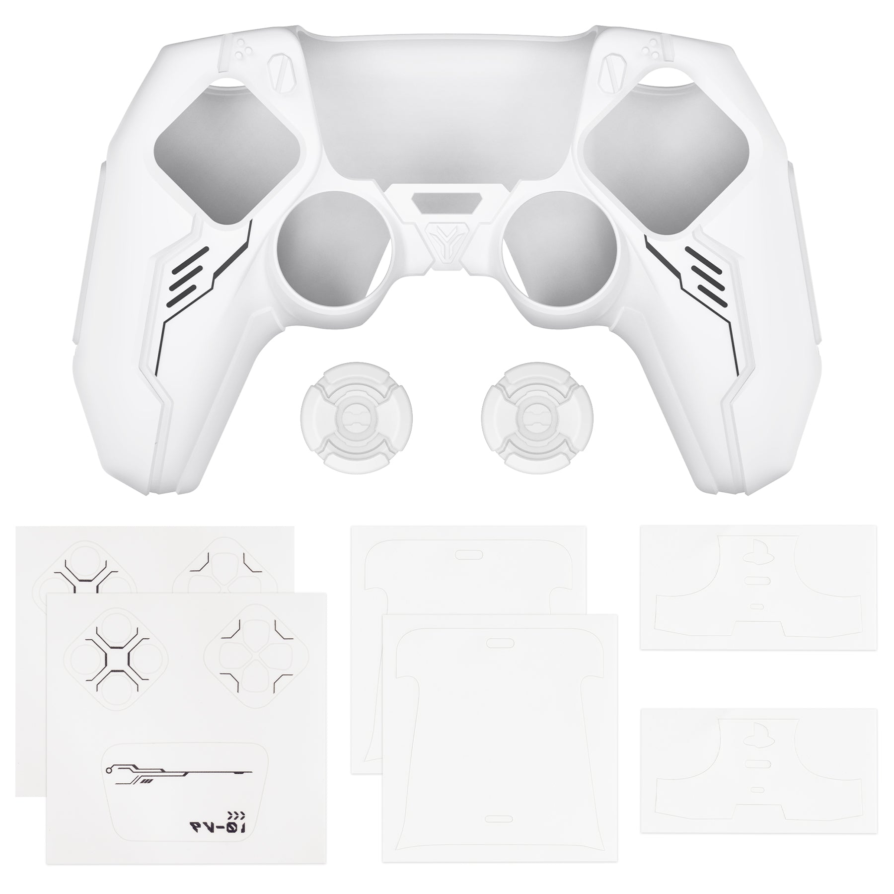PlayVital Mecha Edition Anti-Slip Silicone Cover Skin with Matching Thumb Grips and Stickers for PS5 Wireless Controller - Compatible with Charging Station - White PlayVital
