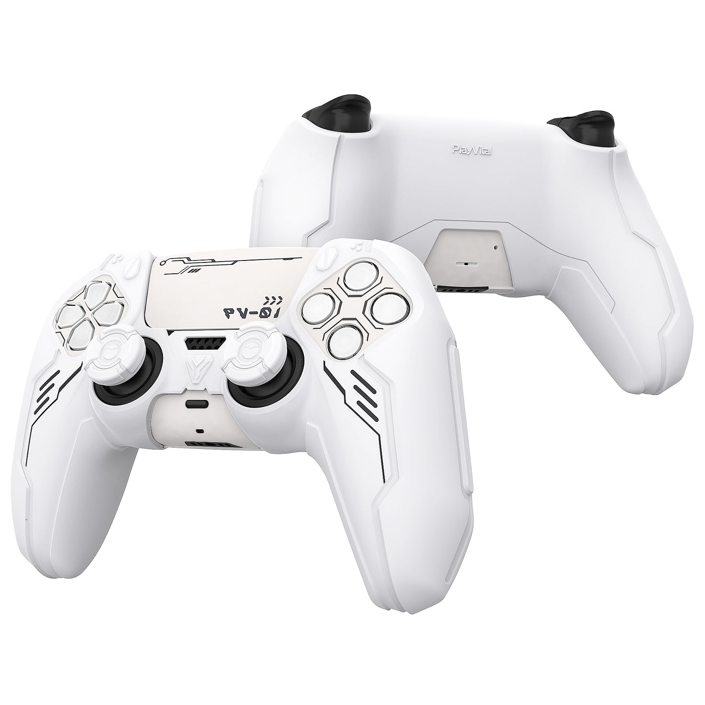 PlayVital Mecha Edition Anti-Slip Silicone Cover Skin with Matching Thumb Grips and Stickers for PS5 Wireless Controller - Compatible with Charging Station - White PlayVital