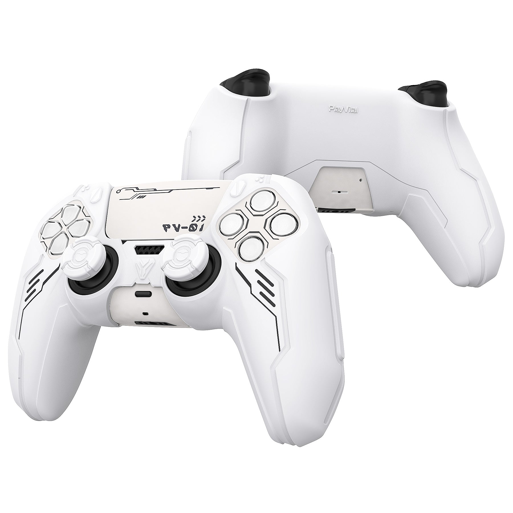 PlayVital Mecha Edition Anti-Slip Silicone Cover Skin with Matching Thumb Grips and Stickers for PS5 Wireless Controller - Compatible with Charging Station - White PlayVital