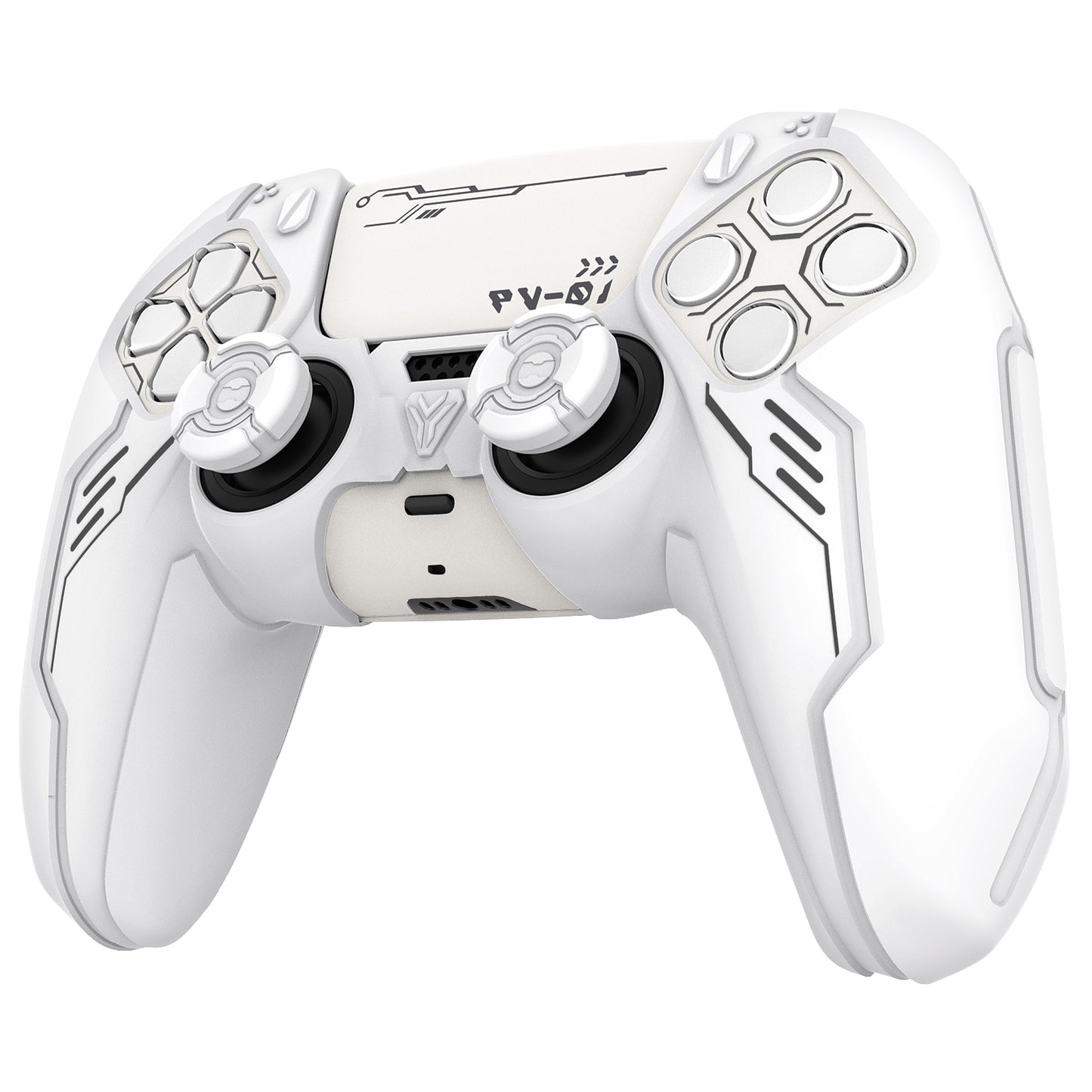 PlayVital Mecha Edition Anti-Slip Silicone Cover Skin with Matching Thumb Grips and Stickers for PS5 Wireless Controller - Compatible with Charging Station - White PlayVital