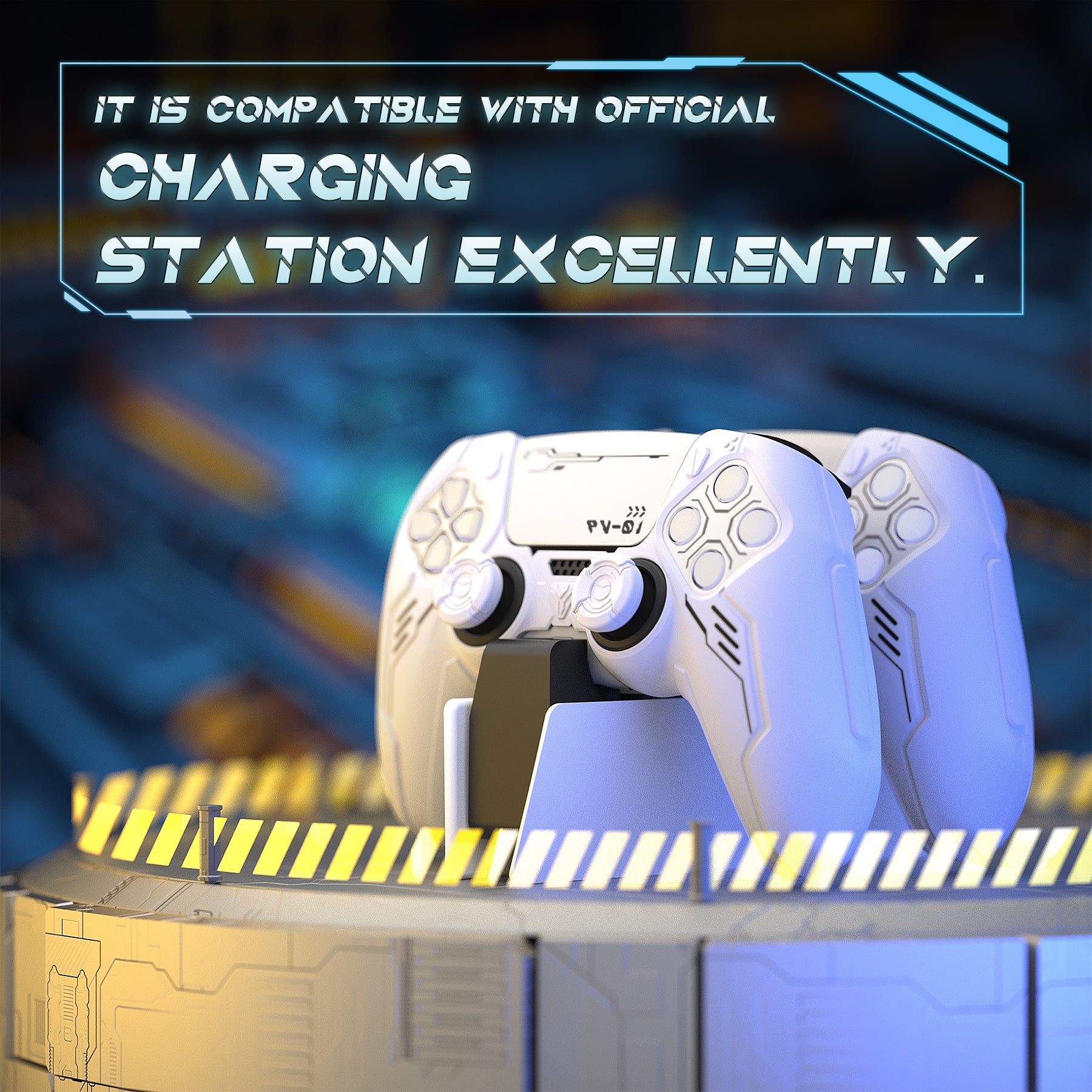 PlayVital Mecha Edition Anti-Slip Silicone Cover Skin with Matching Thumb Grips and Stickers for PS5 Wireless Controller - Compatible with Charging Station - White PlayVital