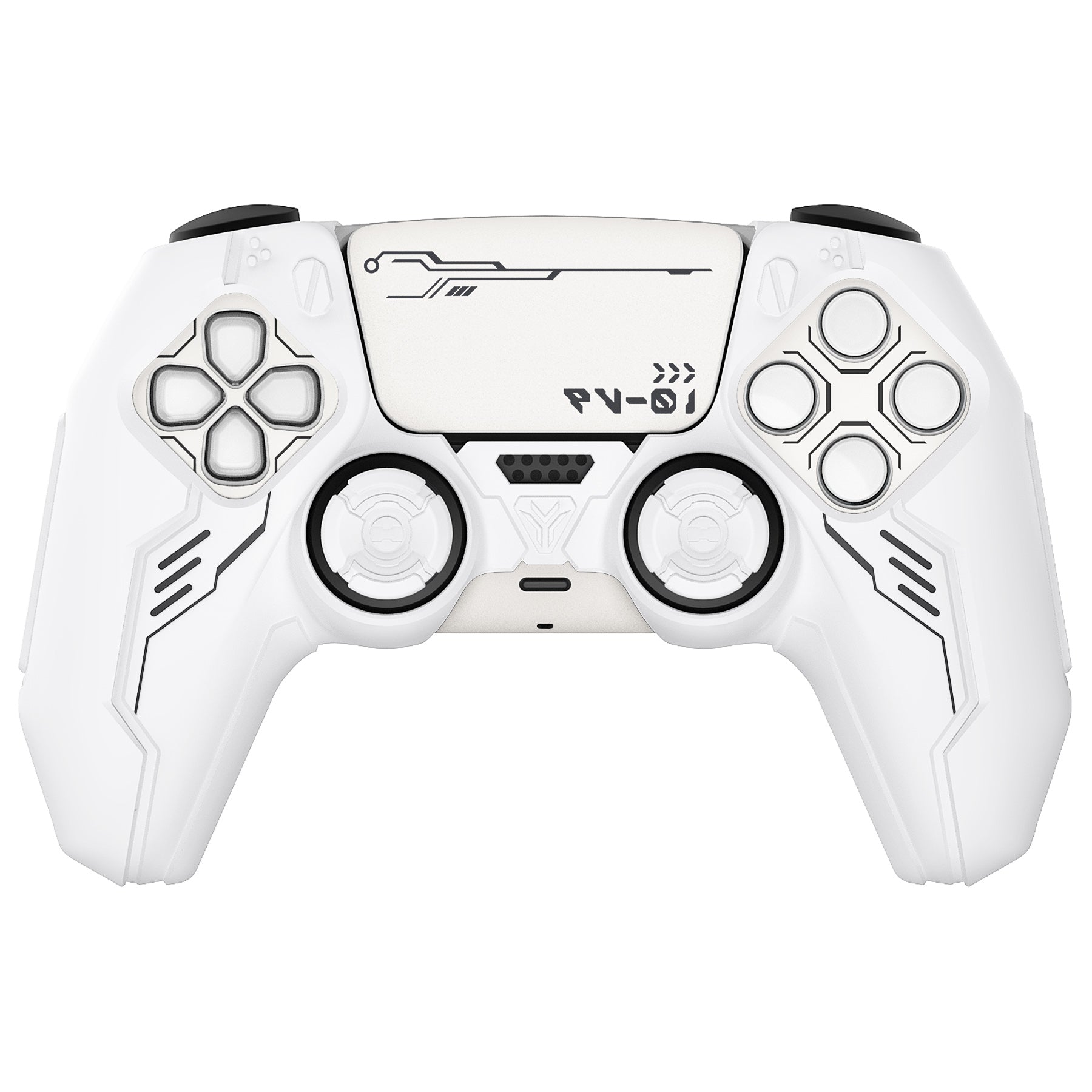 PlayVital Mecha Edition Anti-Slip Silicone Cover Skin with Matching Thumb Grips and Stickers for PS5 Wireless Controller - Compatible with Charging Station - White PlayVital