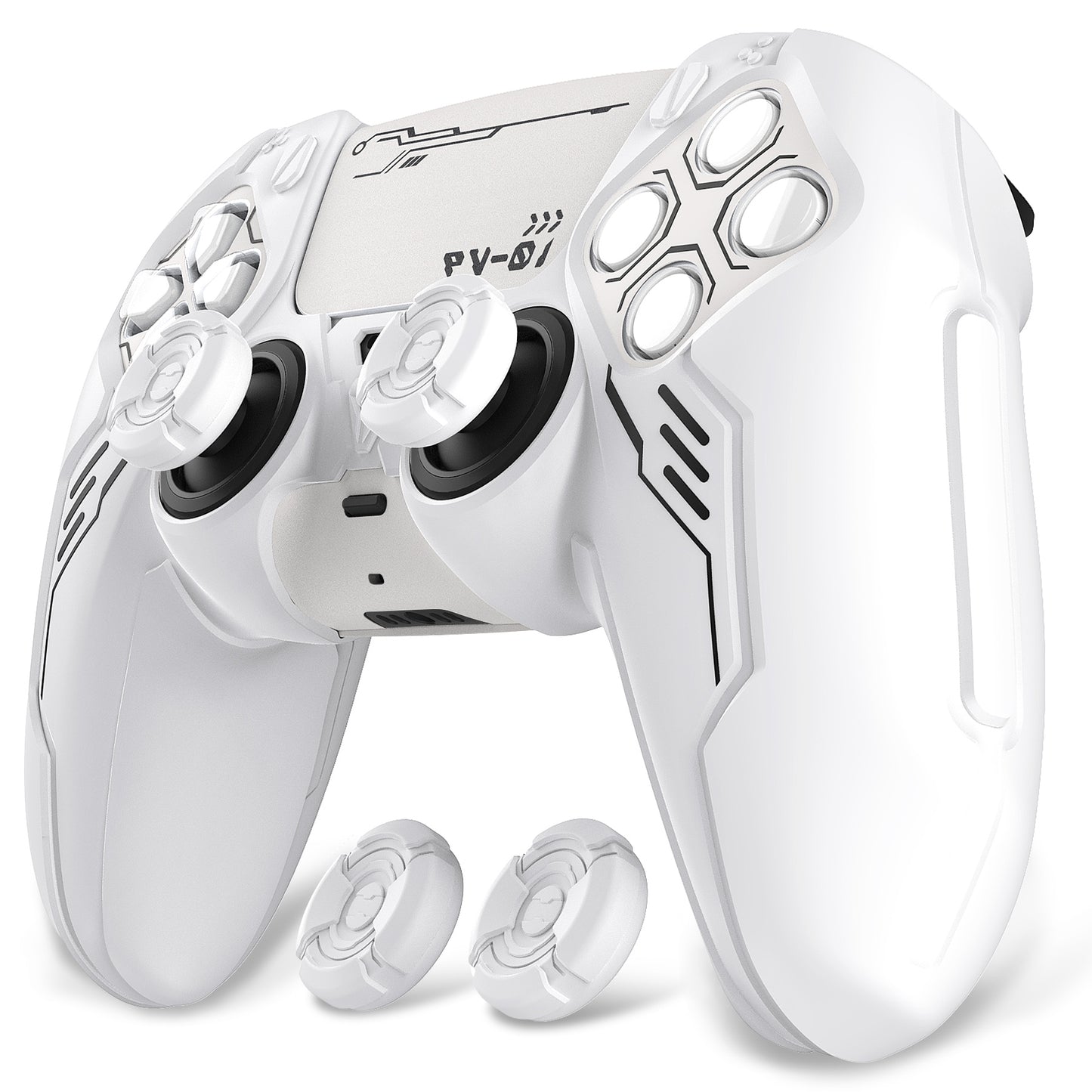 PlayVital Mecha Edition Anti-Slip Silicone Cover Skin with Matching Thumb Grips and Stickers for PS5 Wireless Controller - Compatible with Charging Station - White PlayVital