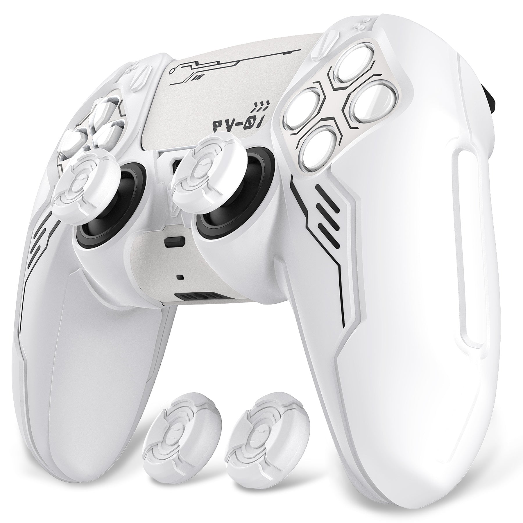 PlayVital Mecha Edition Anti-Slip Silicone Cover Skin with Matching Thumb Grips and Stickers for PS5 Wireless Controller - Compatible with Charging Station - White PlayVital
