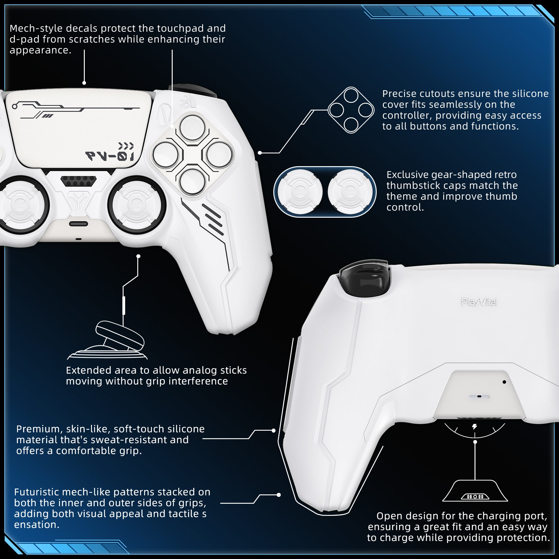 PlayVital Mecha Edition Anti-Slip Silicone Cover Skin with Matching Thumb Grips and Stickers for PS5 Wireless Controller - Compatible with Charging Station - White PlayVital