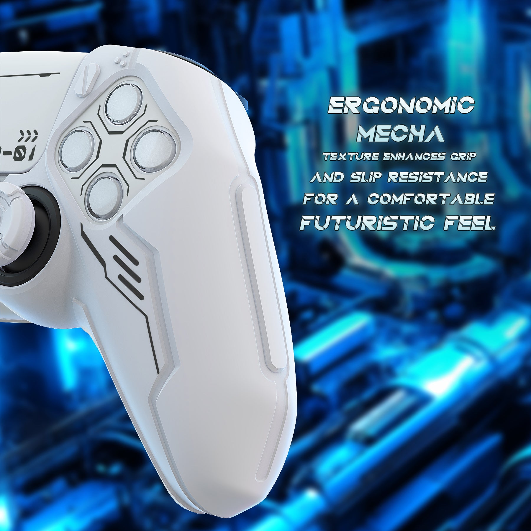 PlayVital Mecha Edition Anti-Slip Silicone Cover Skin with Matching Thumb Grips and Stickers for PS5 Wireless Controller - Compatible with Charging Station - White PlayVital