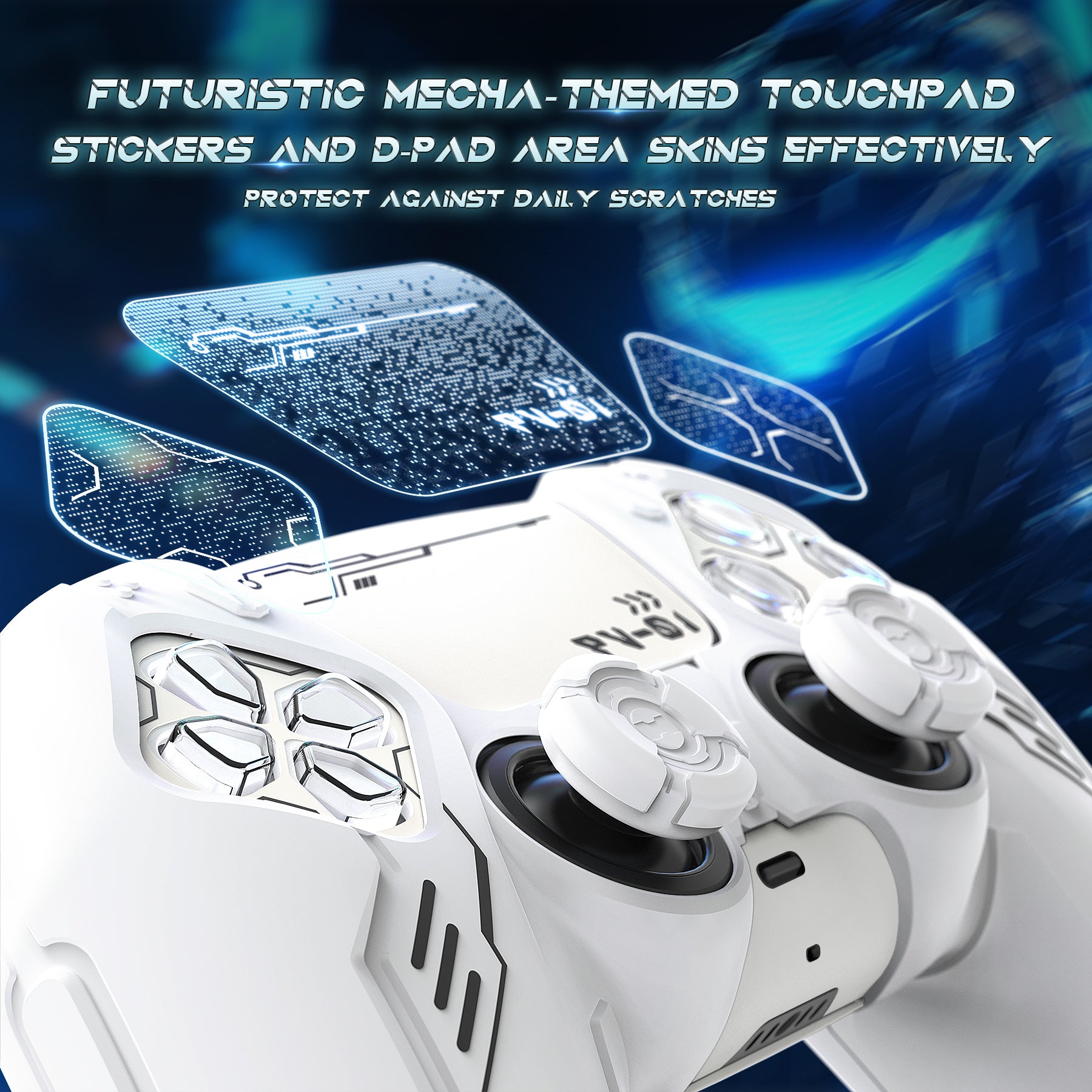 PlayVital Mecha Edition Anti-Slip Silicone Cover Skin with Matching Thumb Grips and Stickers for PS5 Wireless Controller - Compatible with Charging Station - White PlayVital