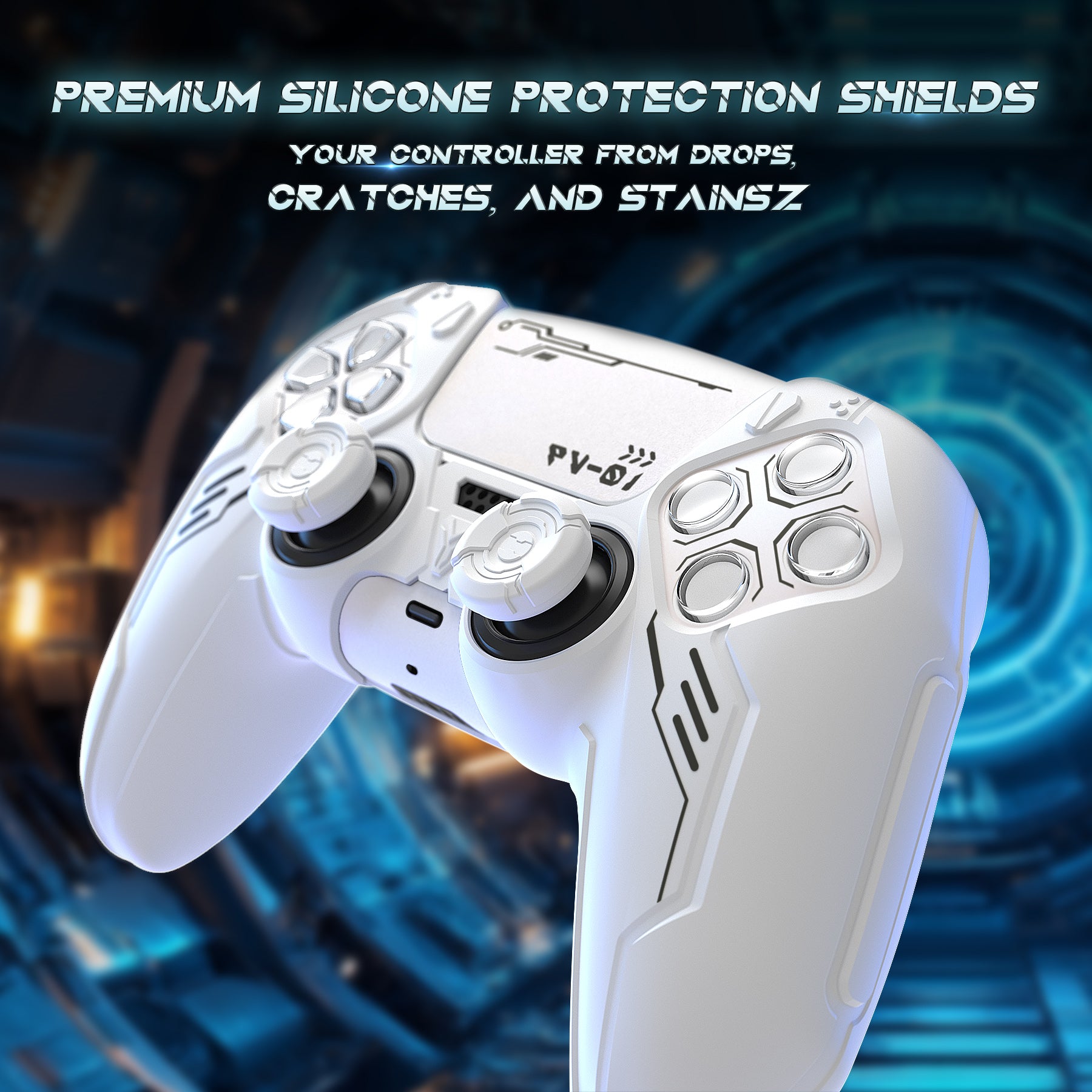 PlayVital Mecha Edition Anti-Slip Silicone Cover Skin with Matching Thumb Grips and Stickers for PS5 Wireless Controller - Compatible with Charging Station - White PlayVital