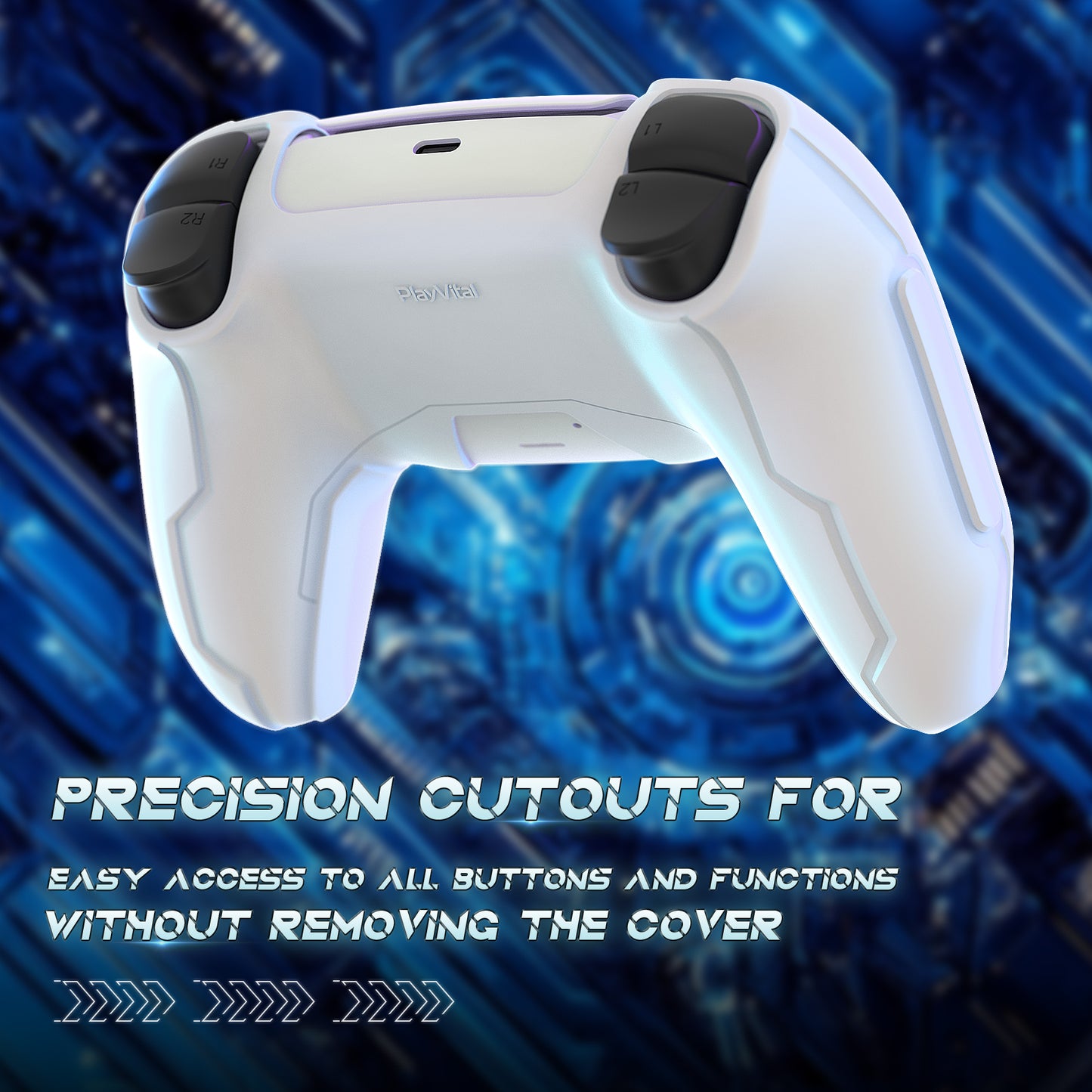 PlayVital Mecha Edition Anti-Slip Silicone Cover Skin with Matching Thumb Grips and Stickers for PS5 Wireless Controller - Compatible with Charging Station - White PlayVital