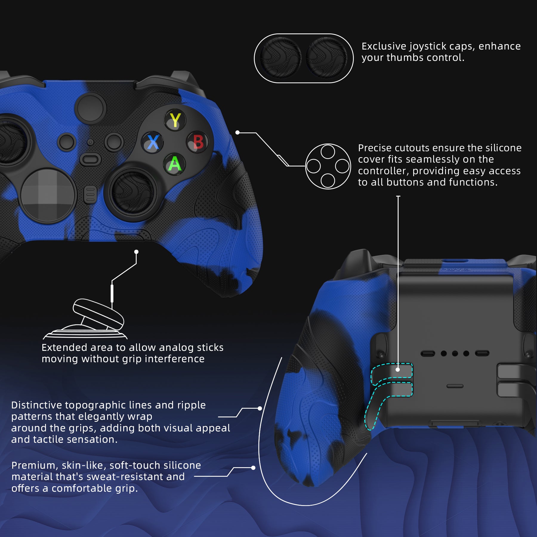 PlayVital Mountain Range Edition Silicone Cover with Thumb Grips for Xbox Elite Series 2 Controller & Xbox Elite Series 2 Core Controller - Blue & Black PlayVital