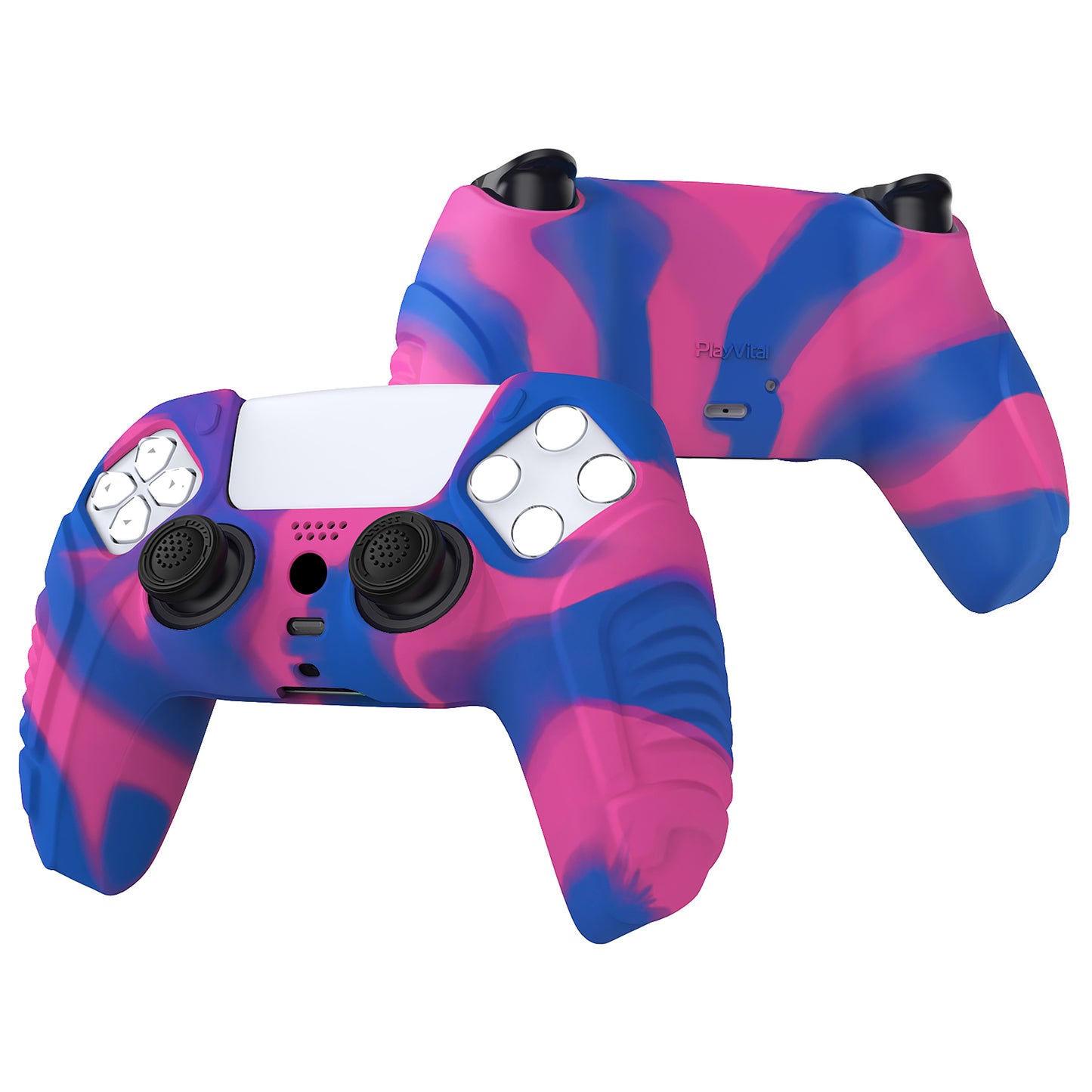 PlayVital Raging Warrior Edition Anti-slip Silicone Cover Skin with Thumbstick Caps for PS5 Wireless Controller - Pink & Purple & Blue - KZPF007 PlayVital
