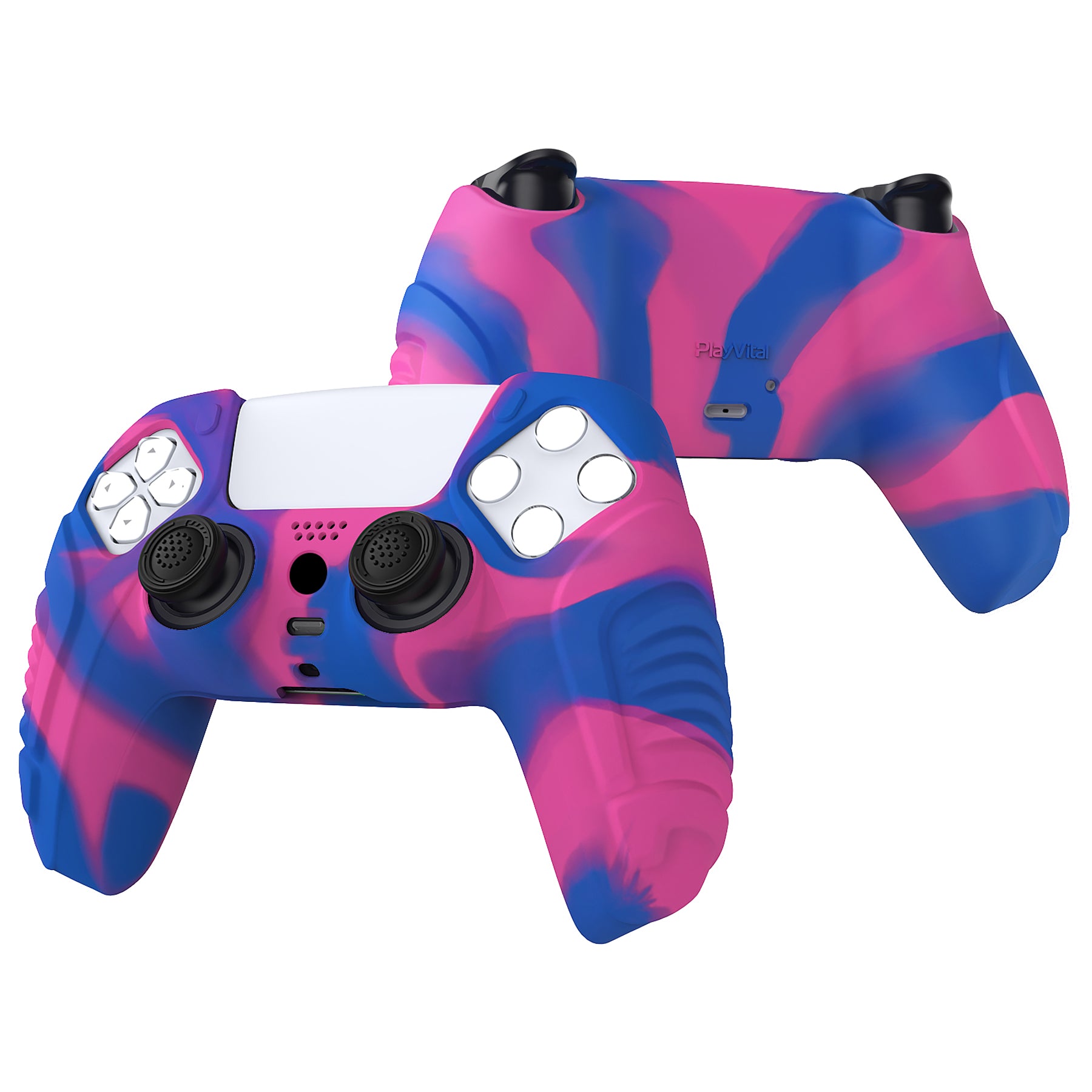 PlayVital Raging Warrior Edition Anti-slip Silicone Cover Skin with Thumbstick Caps for PS5 Wireless Controller - Pink & Purple & Blue - KZPF007 PlayVital