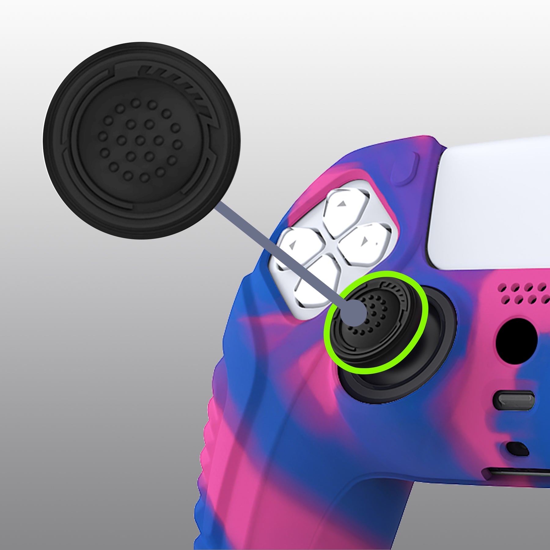 PlayVital Raging Warrior Edition Anti-slip Silicone Cover Skin with Thumbstick Caps for PS5 Wireless Controller - Pink & Purple & Blue - KZPF007 PlayVital