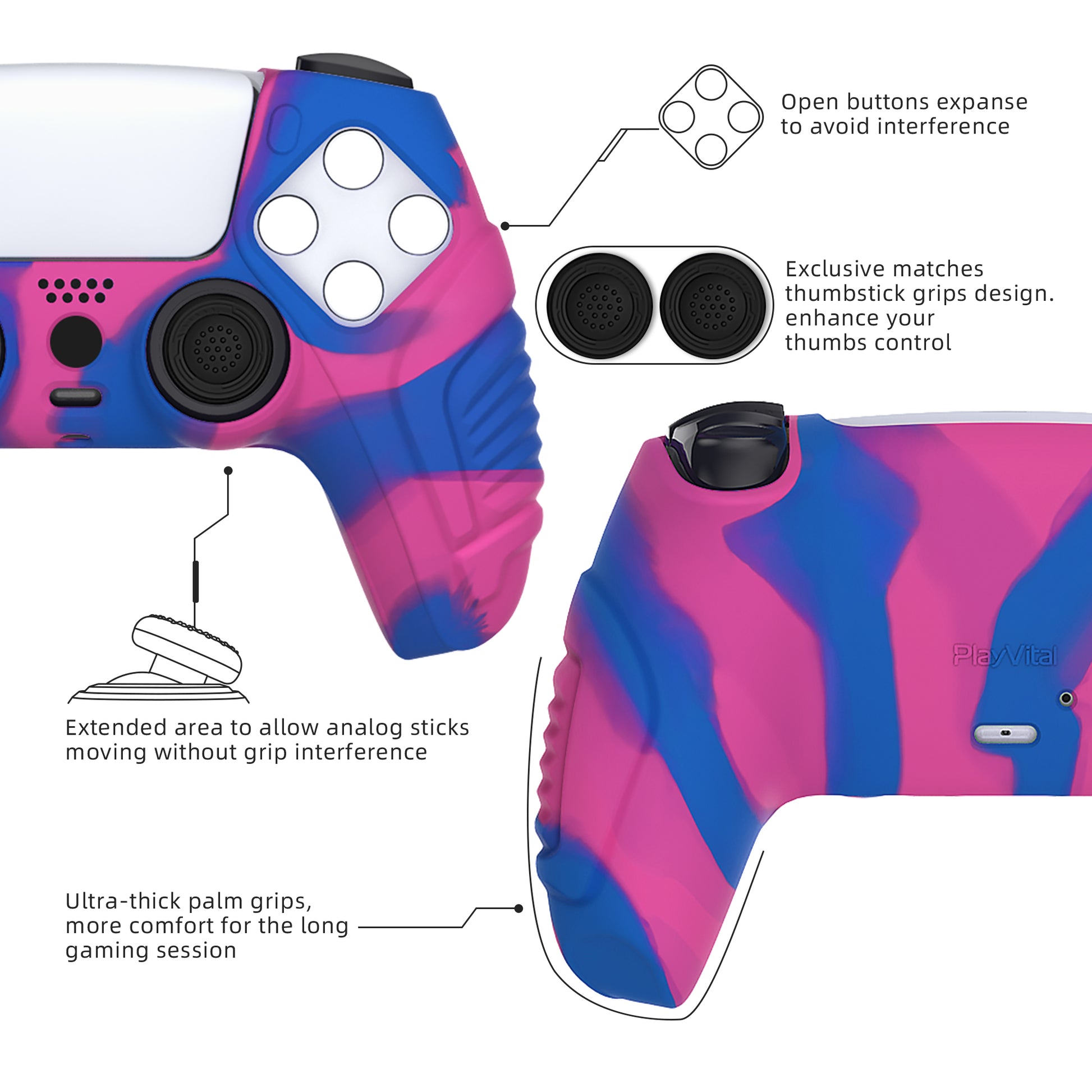 PlayVital Raging Warrior Edition Anti-slip Silicone Cover Skin with Thumbstick Caps for PS5 Wireless Controller - Pink & Purple & Blue - KZPF007 PlayVital