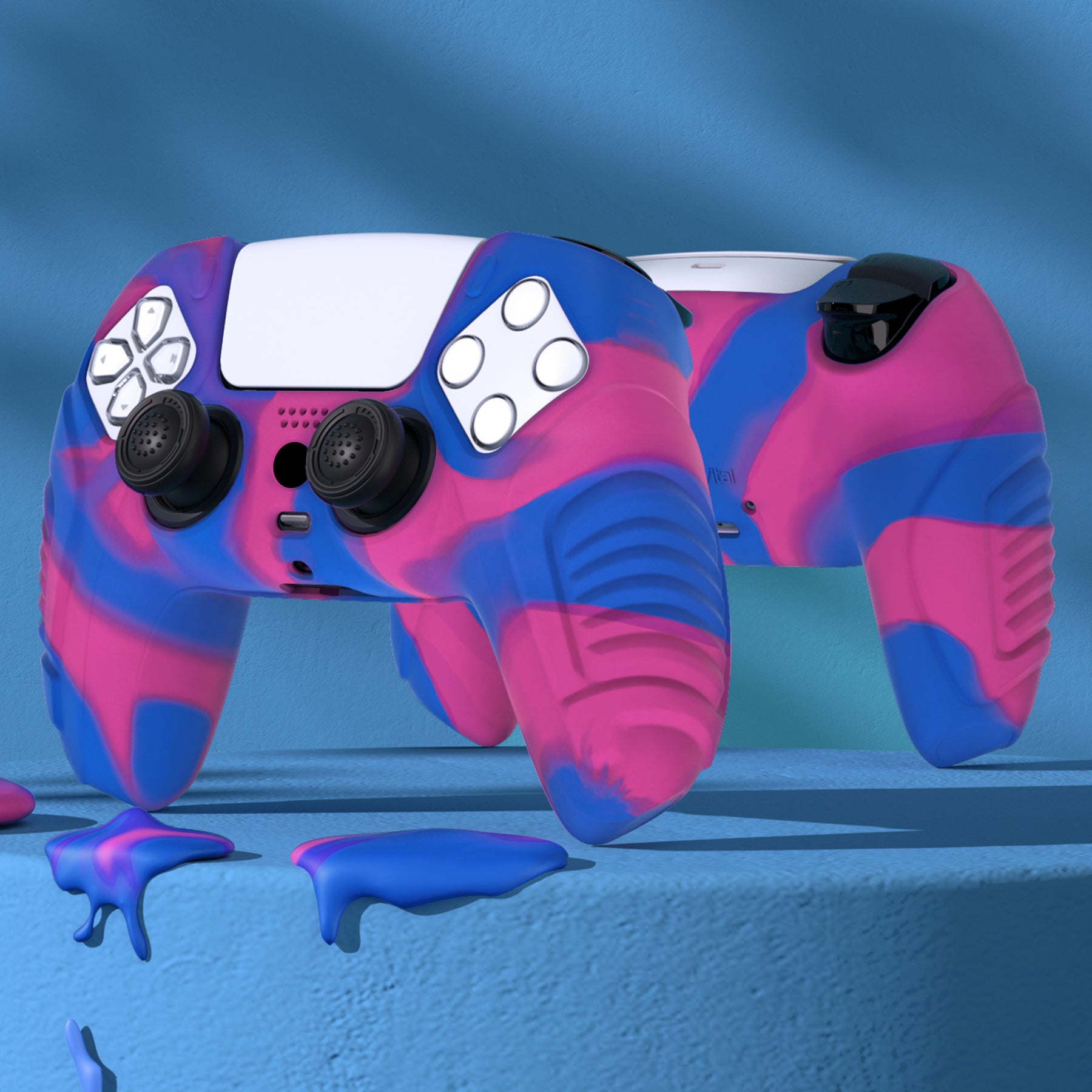 PlayVital Raging Warrior Edition Anti-slip Silicone Cover Skin with Thumbstick Caps for PS5 Wireless Controller - Pink & Purple & Blue - KZPF007 PlayVital