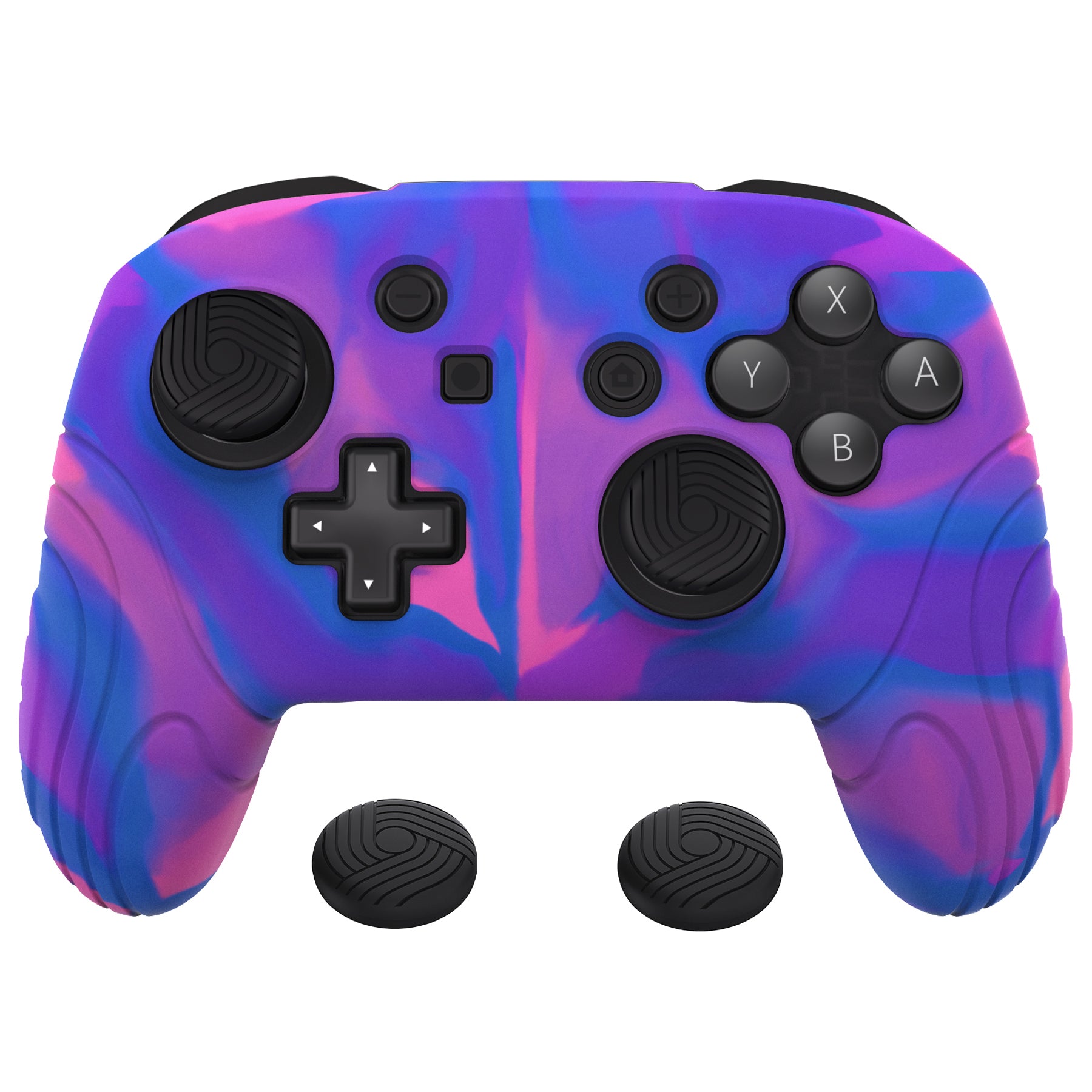 PlayVital Samurai Edition Ergonomic Anti-slip Silicone Skin Protective Case with Thumb Grip Caps for Nintendo Switch Pro Controller - Pink & Purple & Blue - EBNPP005 PlayVital