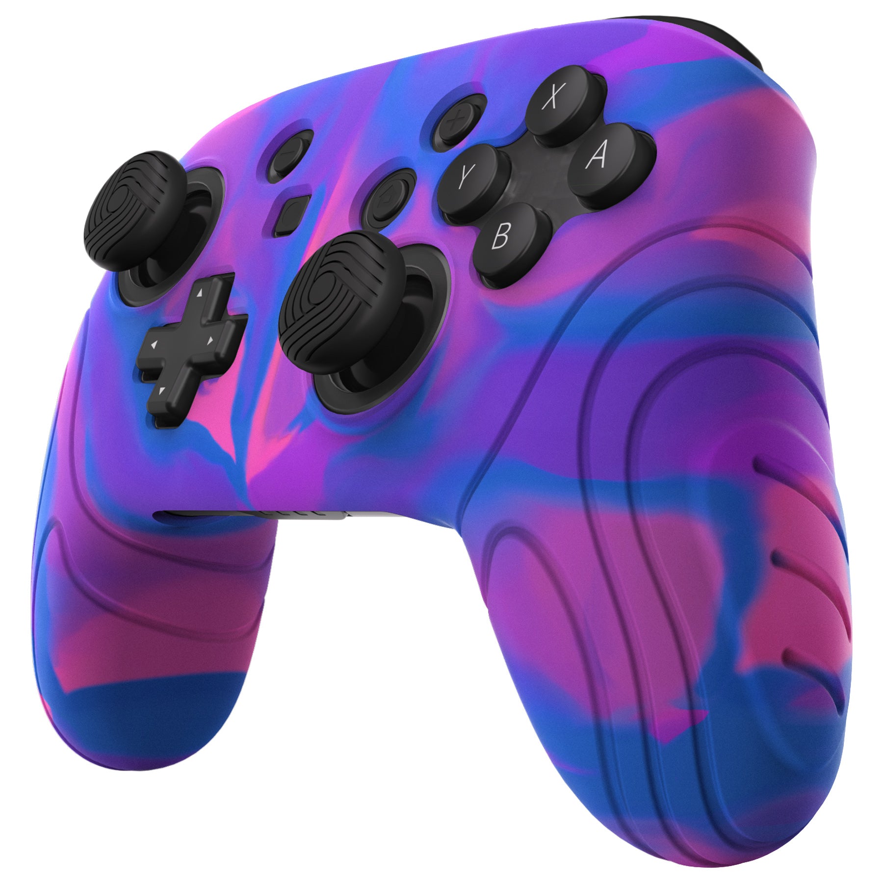 PlayVital Samurai Edition Ergonomic Anti-slip Silicone Skin Protective Case with Thumb Grip Caps for Nintendo Switch Pro Controller - Pink & Purple & Blue - EBNPP005 PlayVital