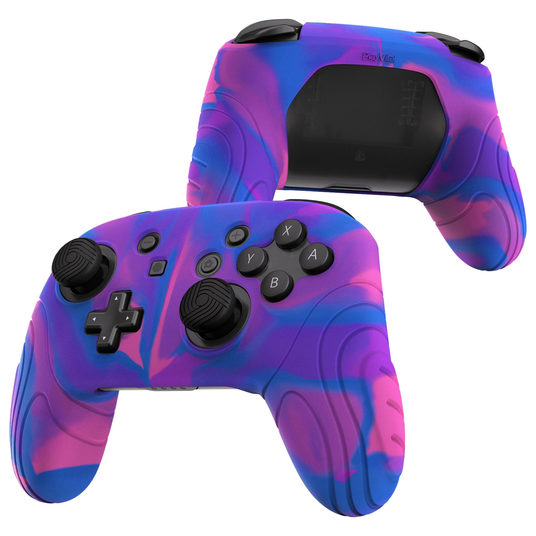 PlayVital Samurai Edition Ergonomic Anti-slip Silicone Skin Protective Case with Thumb Grip Caps for Nintendo Switch Pro Controller - Pink & Purple & Blue - EBNPP005 PlayVital