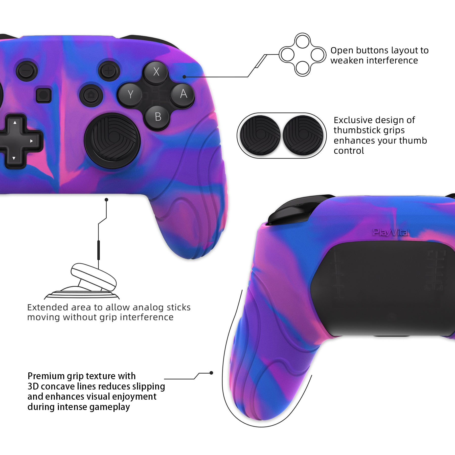 PlayVital Samurai Edition Ergonomic Anti-slip Silicone Skin Protective Case with Thumb Grip Caps for Nintendo Switch Pro Controller - Pink & Purple & Blue - EBNPP005 PlayVital