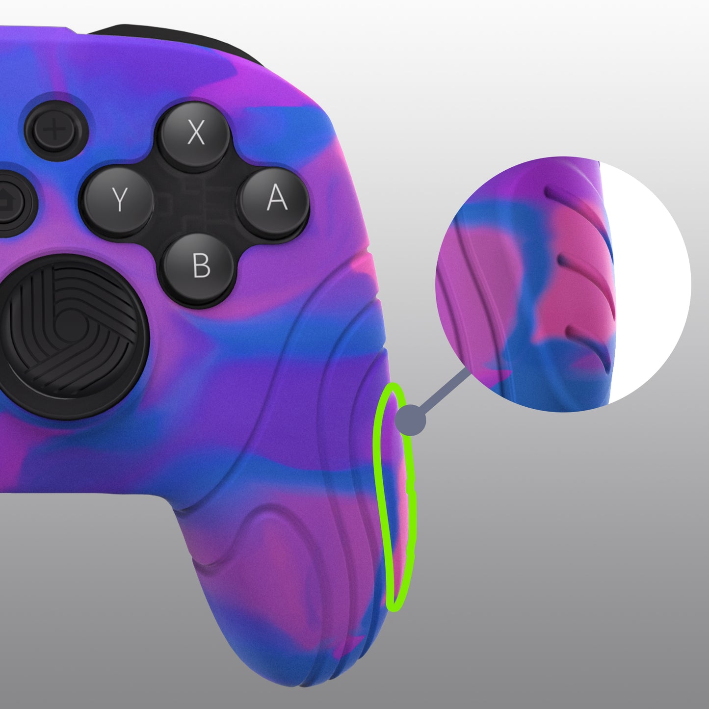 PlayVital Samurai Edition Ergonomic Anti-slip Silicone Skin Protective Case with Thumb Grip Caps for Nintendo Switch Pro Controller - Pink & Purple & Blue - EBNPP005 PlayVital
