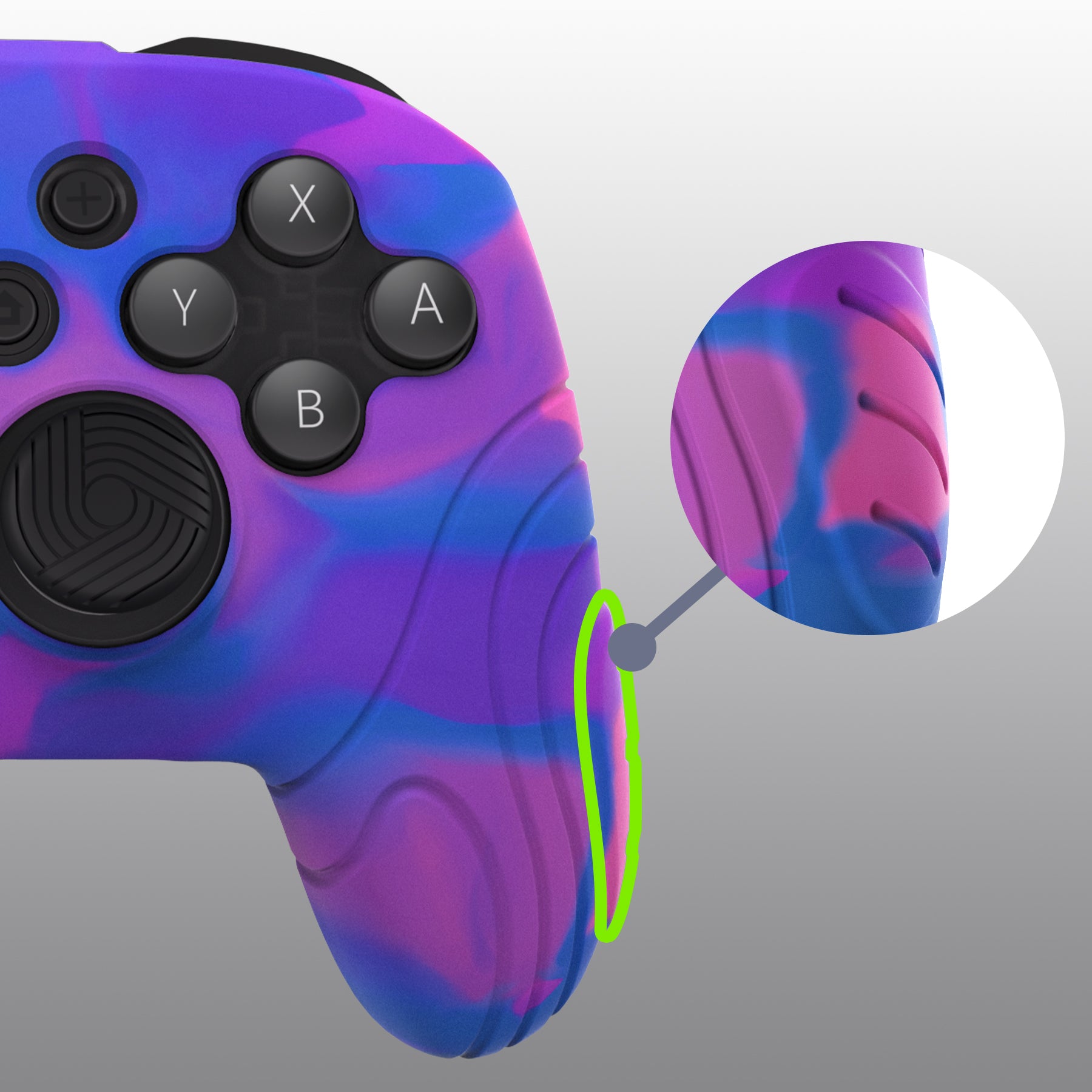 PlayVital Samurai Edition Ergonomic Anti-slip Silicone Skin Protective Case with Thumb Grip Caps for Nintendo Switch Pro Controller - Pink & Purple & Blue - EBNPP005 PlayVital