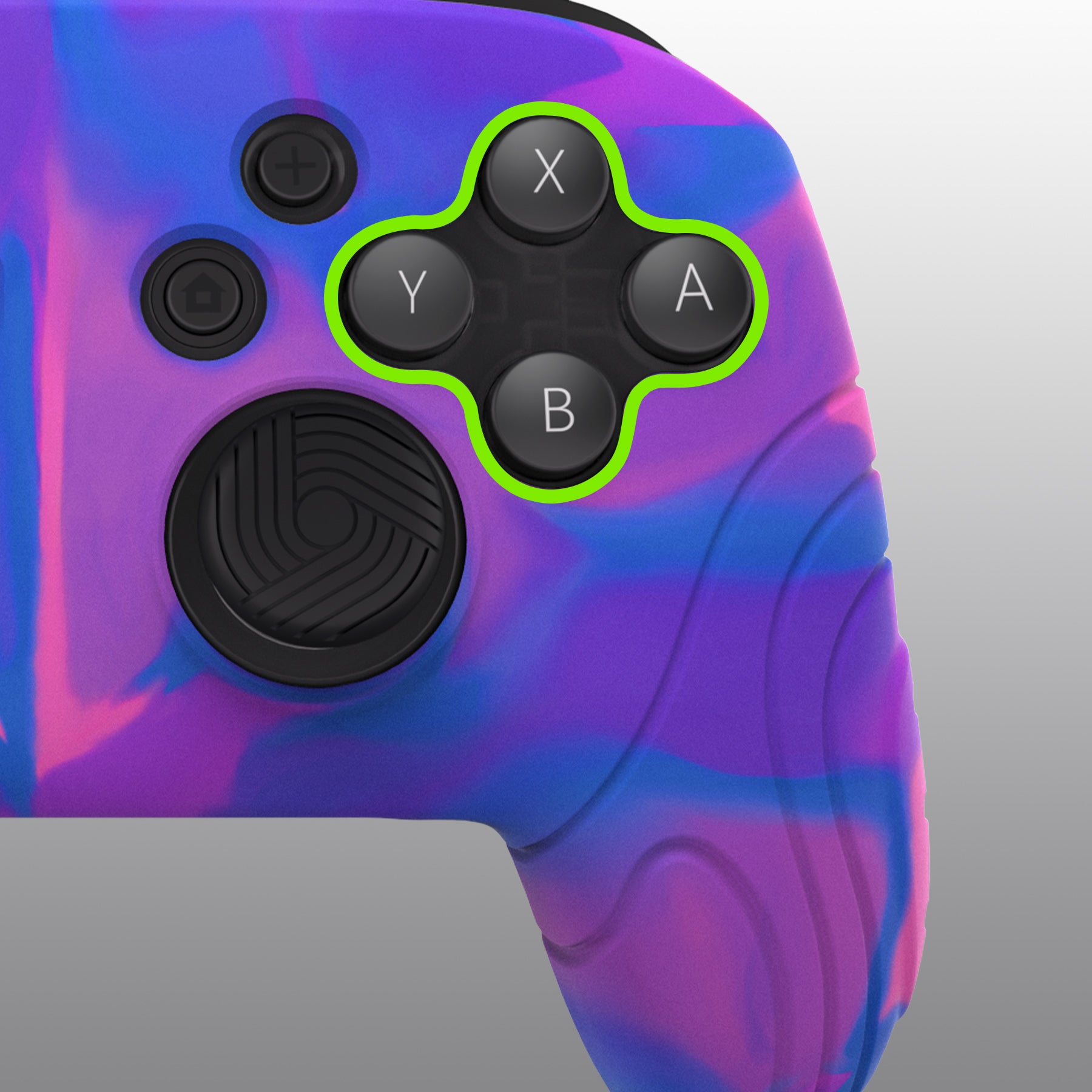 PlayVital Samurai Edition Ergonomic Anti-slip Silicone Skin Protective Case with Thumb Grip Caps for Nintendo Switch Pro Controller - Pink & Purple & Blue - EBNPP005 PlayVital