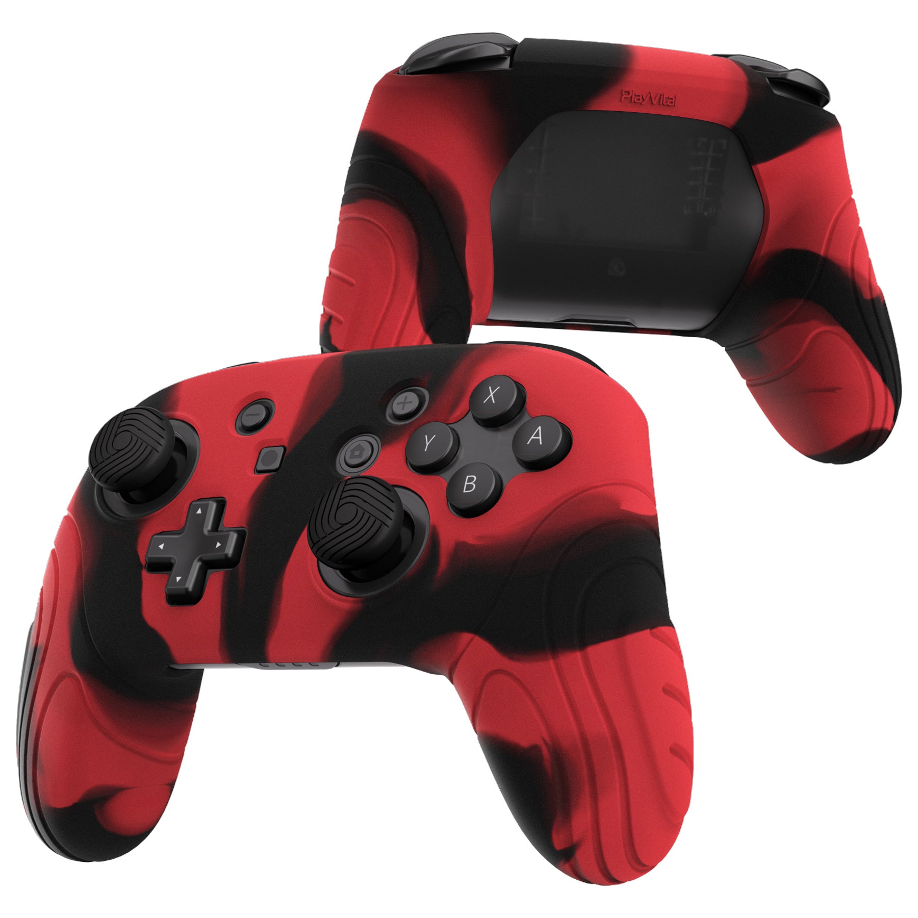 PlayVital Samurai Edition Ergonomic Anti-slip Silicone Skin Protective Case with Thumb Grip Caps for Nintendo Switch Pro Controller - Red & Black - EBNPP012 PlayVital