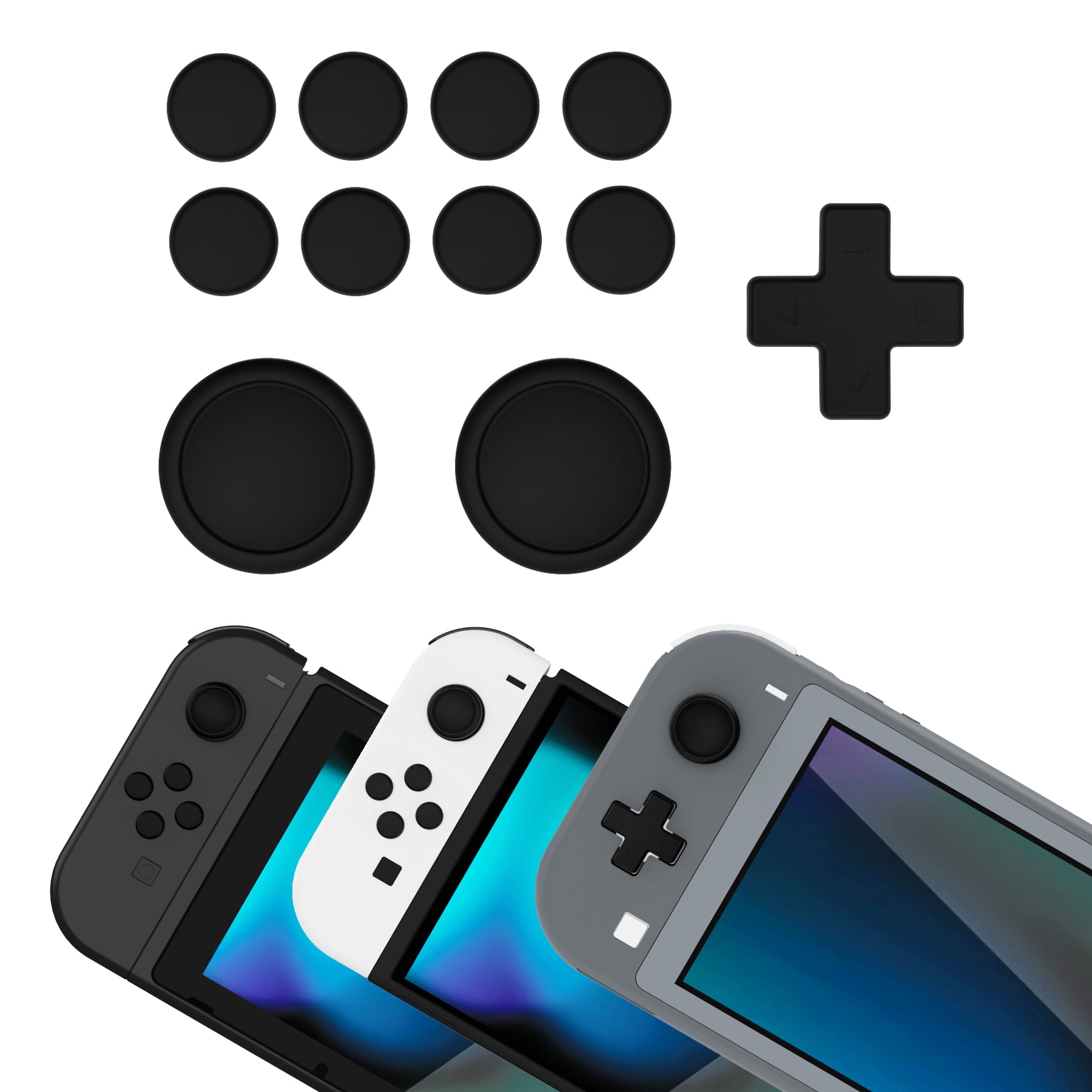 PlayVital Silicone Button Covers and Thumb Grip Set for Nintendo Switch & Switch OLED & Switch Lite ABXY Directional Key Button Caps with Switch Lite D-Pad Button Cap - Black PlayVital