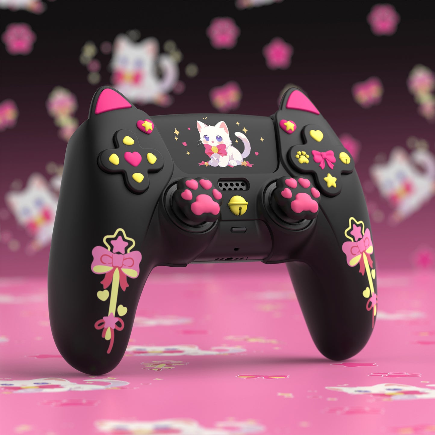PlayVital Sweetheart Kitty Series Silicone Cover with 6 Joystick Caps and 6 Sticker for PS5 Controller, Soft Anti-Slip Full Protection Grip Skin Compatible with PS5 Charging Dock - Black