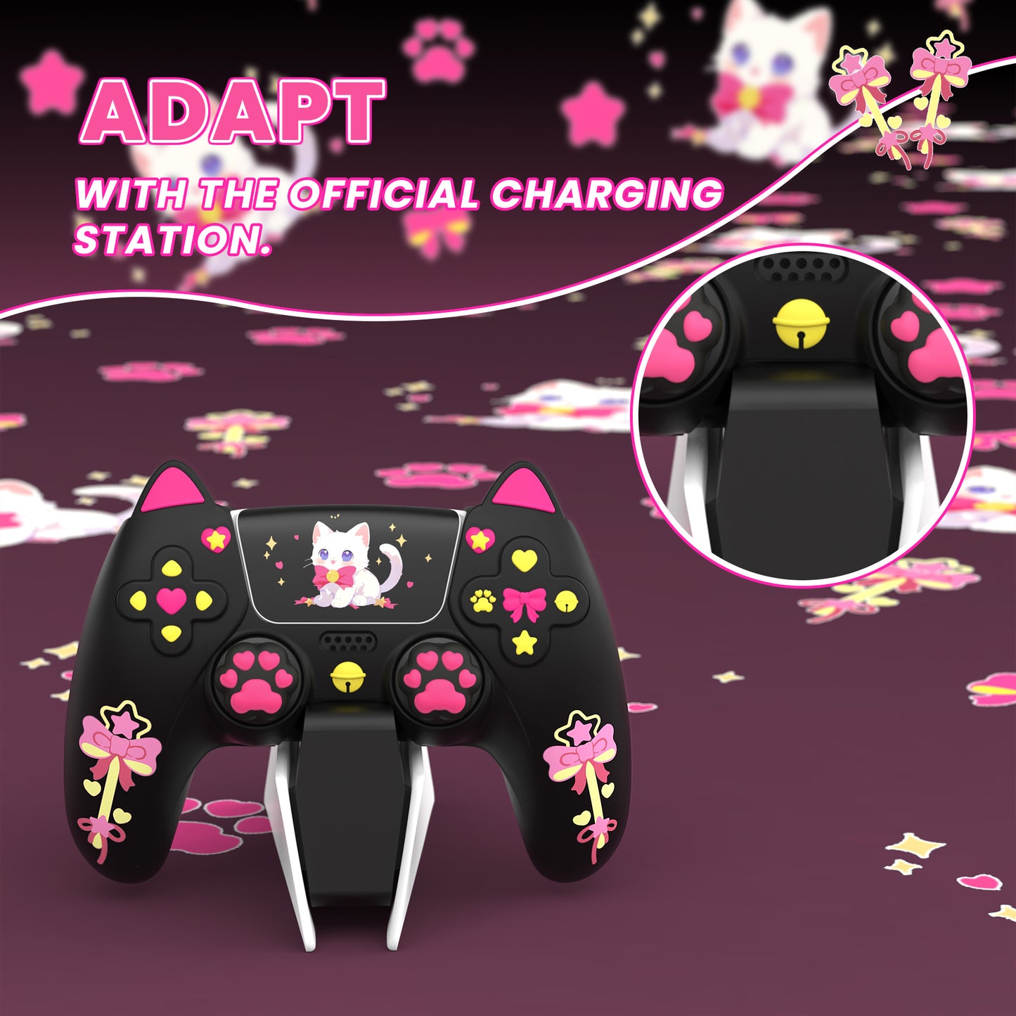 PlayVital Sweetheart Kitty Series Silicone Cover with 6 Joystick Caps and 6 Sticker for PS5 Controller, Soft Anti-Slip Full Protection Grip Skin Compatible with PS5 Charging Dock - Black